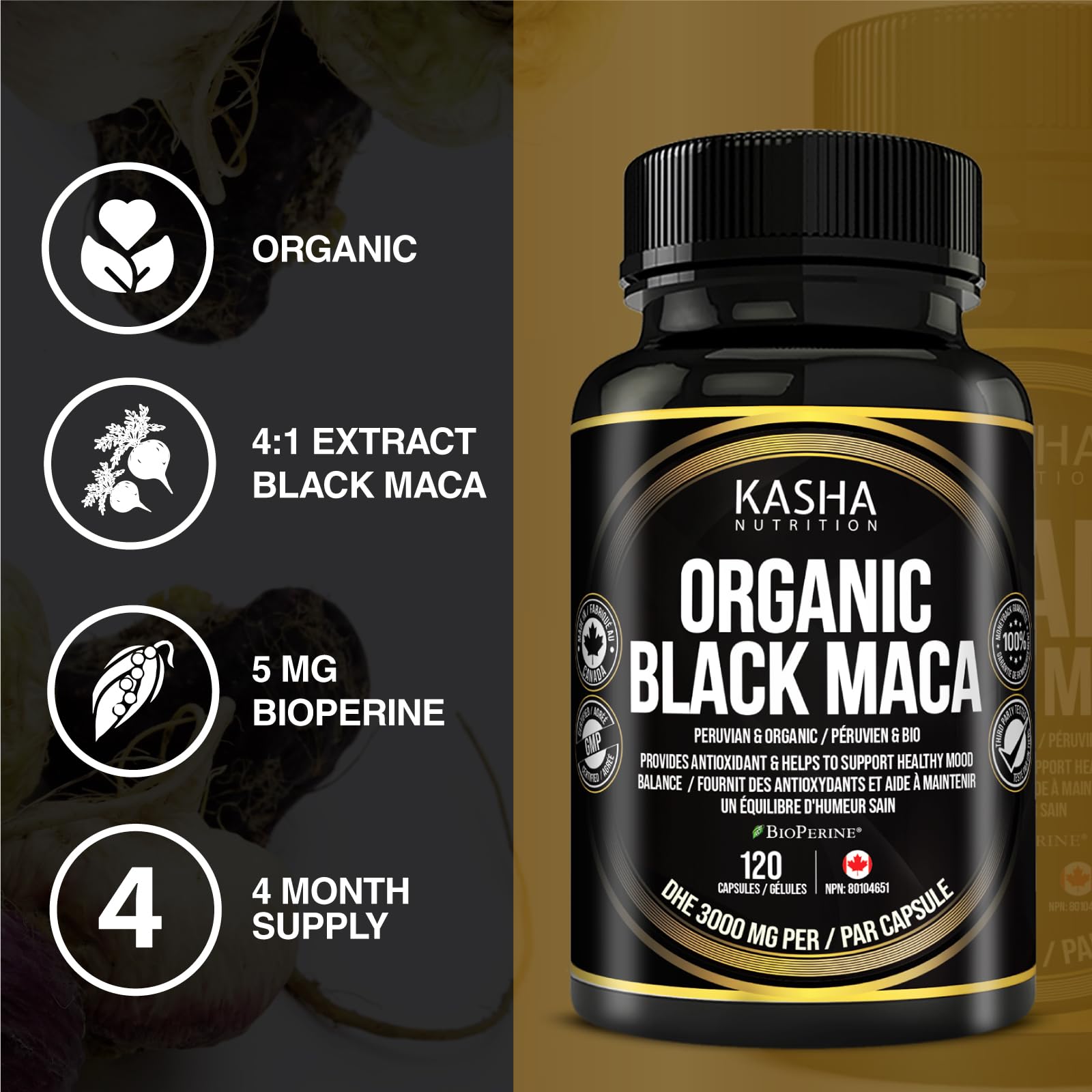 Organic Black Maca for Men & Women DHE 3000mg (Industry Strongest) with 5mg Bioperine per Capsule - Organic Gelatinized Maca for all Genders | 750 mg 4:1 Extract Maca Root / Maca Powder | Proudly Canadian | 4 Month Supply, Non-GMO, Vegan, Gluten Free, Soy