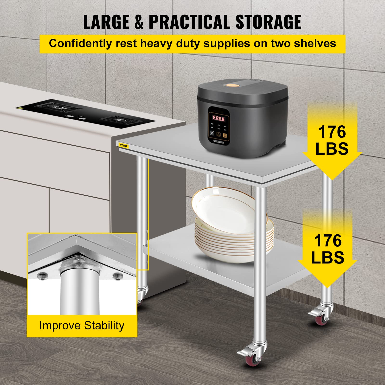 VEVOR 36x24x33.5 inch Stainless Steel Work Table with Wheels Prep Table with casters Heavy Duty Work Table for Commercial Kitchen Restaurant Business Garage 350 lb Capacity 🍁 All In One Marketplace Canada