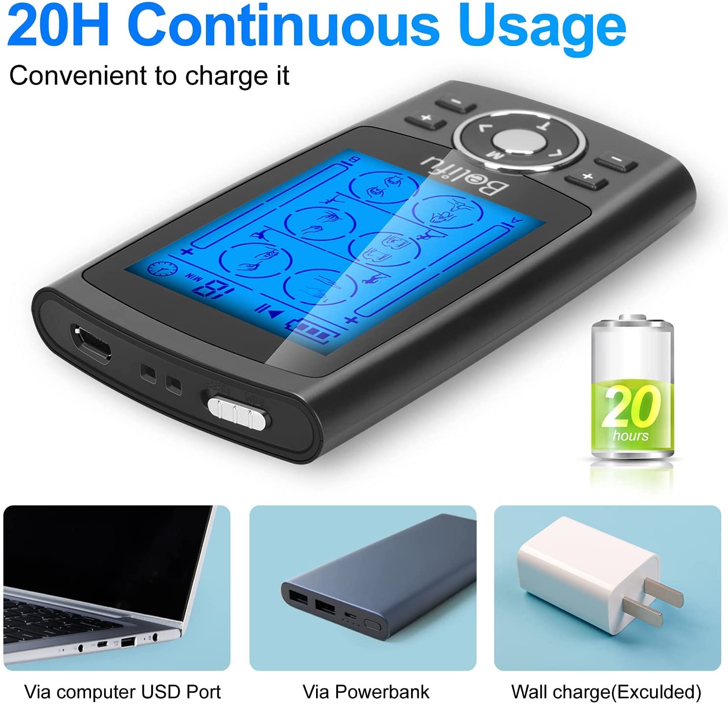 Belifu Dual Channel TENS EMS Unit 24 Modes Muscle Stimulator for Pain Relief Therapy, Electronic Pulse Massager Muscle Massager with 10 Pads, Dust-Proof Drawstring Storage Bag，Fastening Cable Ties 🍁 All In One Marketplace Canada