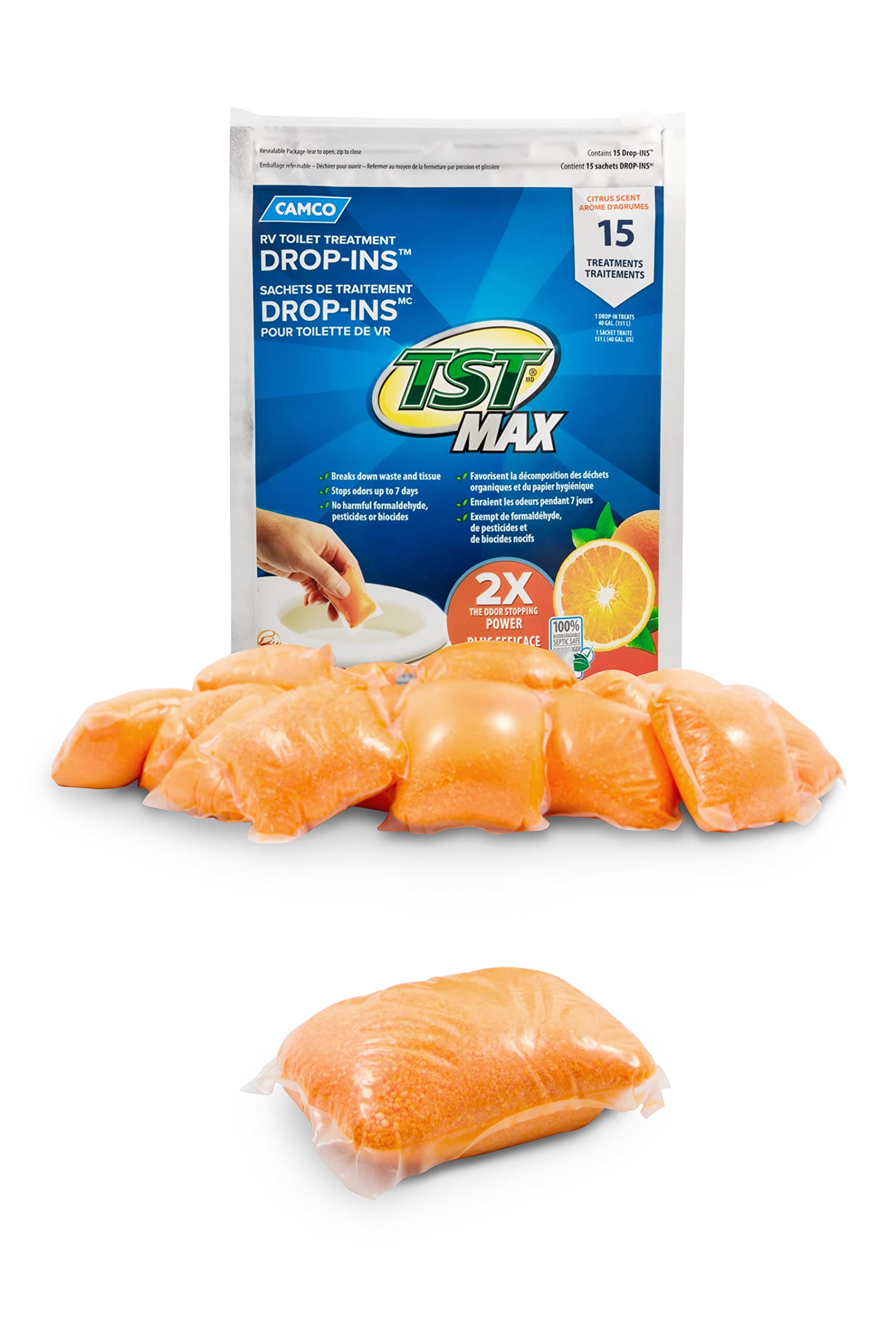 Camco TST MAX Camper/RV Toilet Treatment Drop-INs - Control Unwanted Odors and Break Down Waste and Tissue - Safe Septic Tank Treatment - Orange Scent, 15-Pack (41180) 🍁 All In One Marketplace Canada