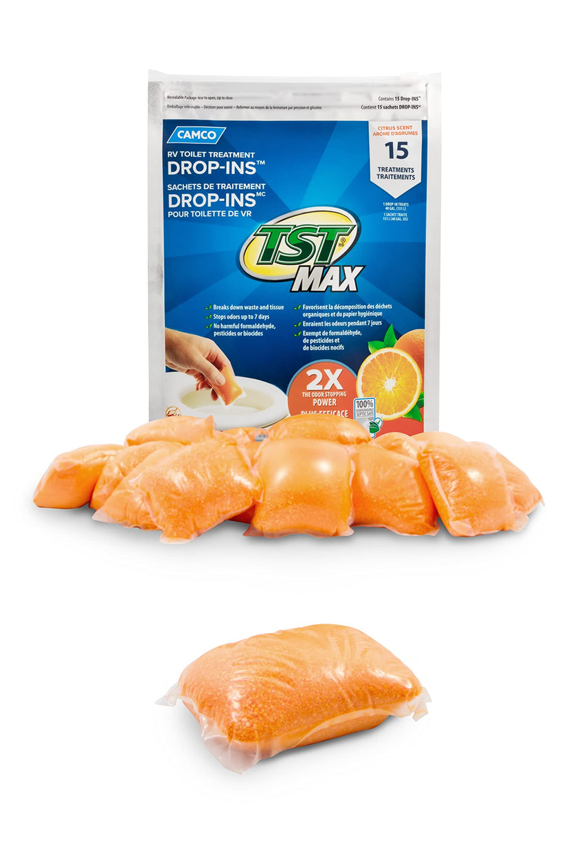Camco TST MAX Camper/RV Toilet Treatment Drop-INs - Control Unwanted Odors and Break Down Waste and Tissue - Safe Septic Tank Treatment - Orange Scent, 15-Pack (41180) 🍁 All In One Marketplace Canada