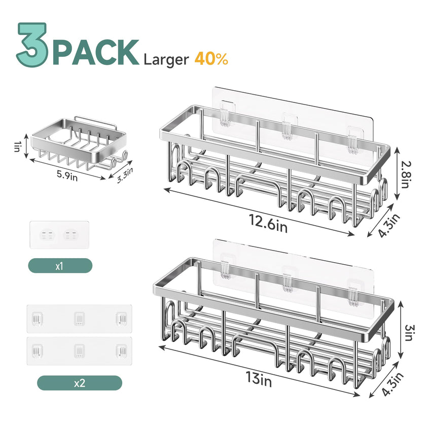 Veken Large Capacity Shower Caddy 3-Pack, No Drilling Adhesive Rack with Soap Holder, Rustproof & Waterproof Shelves, Bathroom Organizers and Storage, Wall-Mounted Kitchen & Home Decor, Silver 🍁 All In One Marketplace Canada