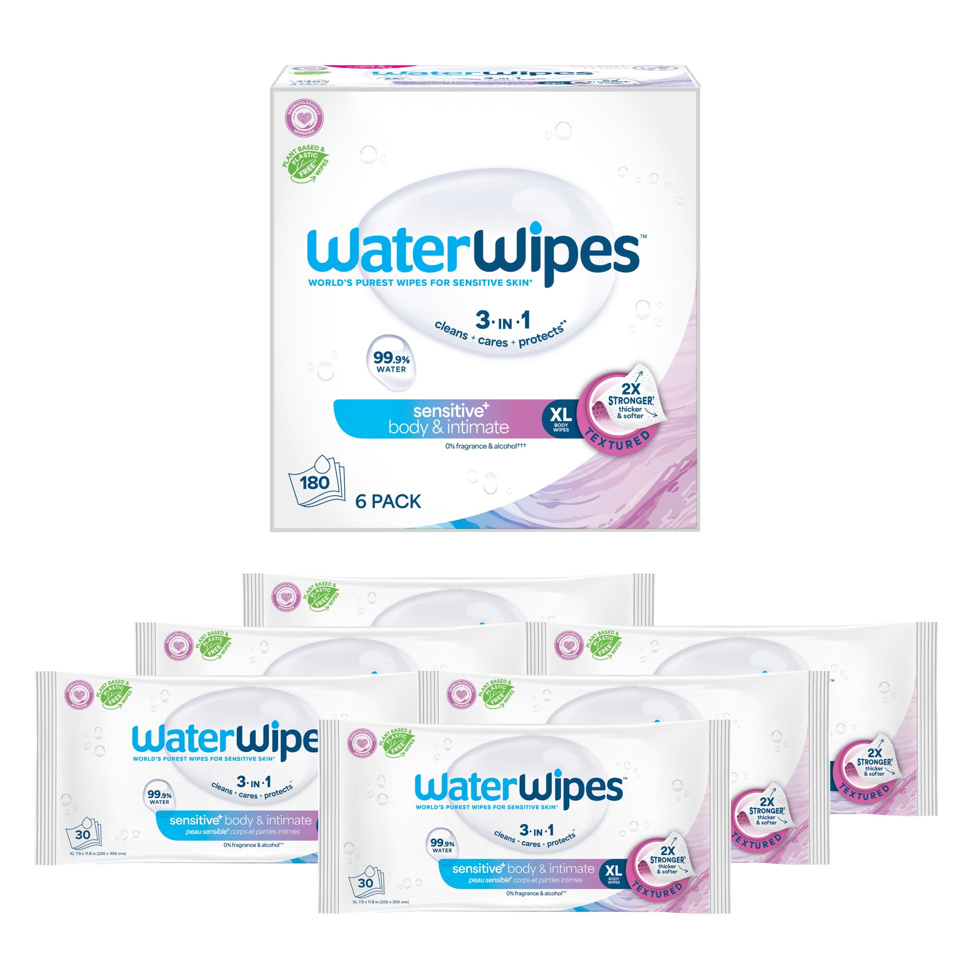 WaterWipes Sensitive+ Body & Intimate Wipes, 3-In-1 Cleans, Cares, Protects, 99.9% Water, Unscented & Hypoallergenic Hygiene Wet Wipes, Adult Care, 90 Wipes (3 Packs) 🍁 All In One Marketplace Canada