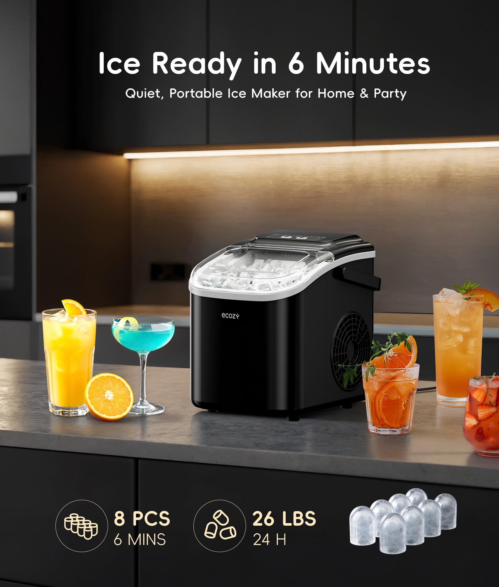 ecozy Portable Ice Makers Countertop, 8 Cubes in 6 Mins, 26lbs/Day, Bullet Ice Maker Machine with 2 Ice Sizes, Self-Cleaning Ice Maker with Carry Handle for Home/Kitchen/Party/Travel - 2026 Version 🍁 All In One Marketplace Canada