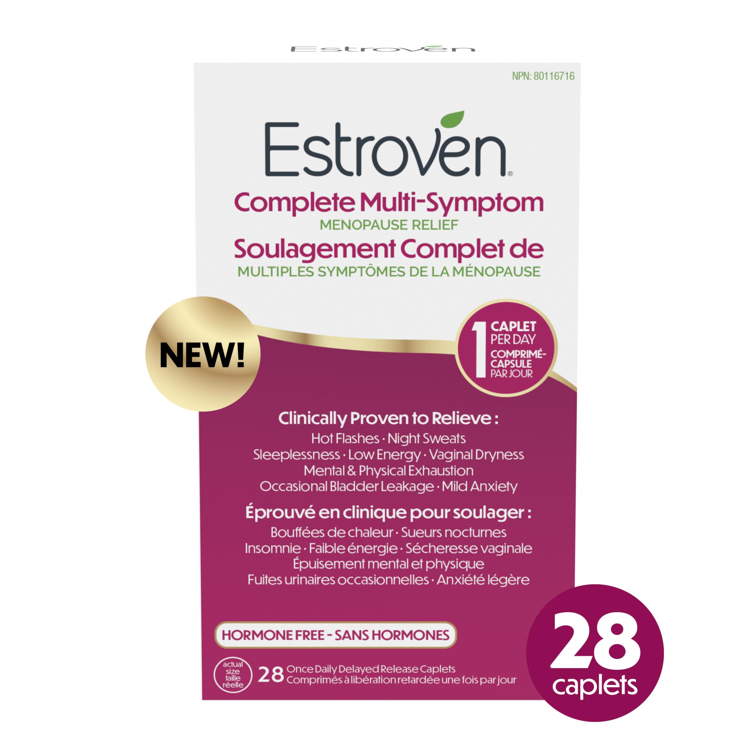 Estroven Complete Multi-Symptom Menopause Supplement for Women, 28 Ct., Clinically Proven Ingredient Provide Menopause Relief & Night Sweats & Hot Flash Relief* Drug-Free & Non-GMO 🍁 All In One Marketplace Canada