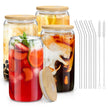 sungwoo Glass Cups with Bamboo Lids and Straws, 16OZ Ice Coffee Cup, Drinking Cup Set with Wooden Lids, Home Essential Glass Tumblers for Beer, Cocktail, Tea and Latte Clear (4) 🍁 All In One Marketplace Canada