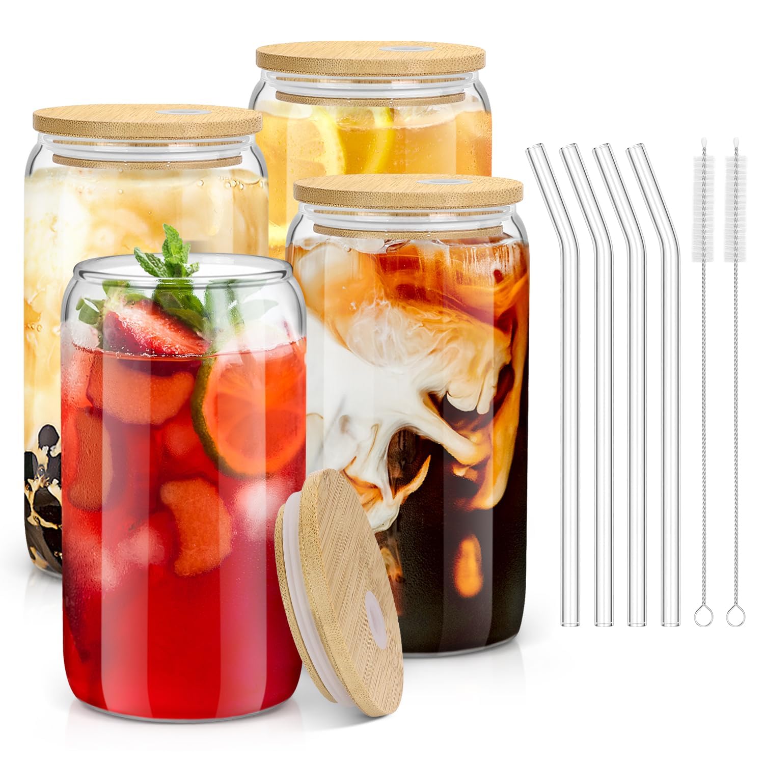 sungwoo Glass Cups with Bamboo Lids and Straws, 16OZ Ice Coffee Cup, Drinking Cup Set with Wooden Lids, Home Essential Glass Tumblers for Beer, Cocktail, Tea and Latte Clear (4) 🍁 All In One Marketplace Canada