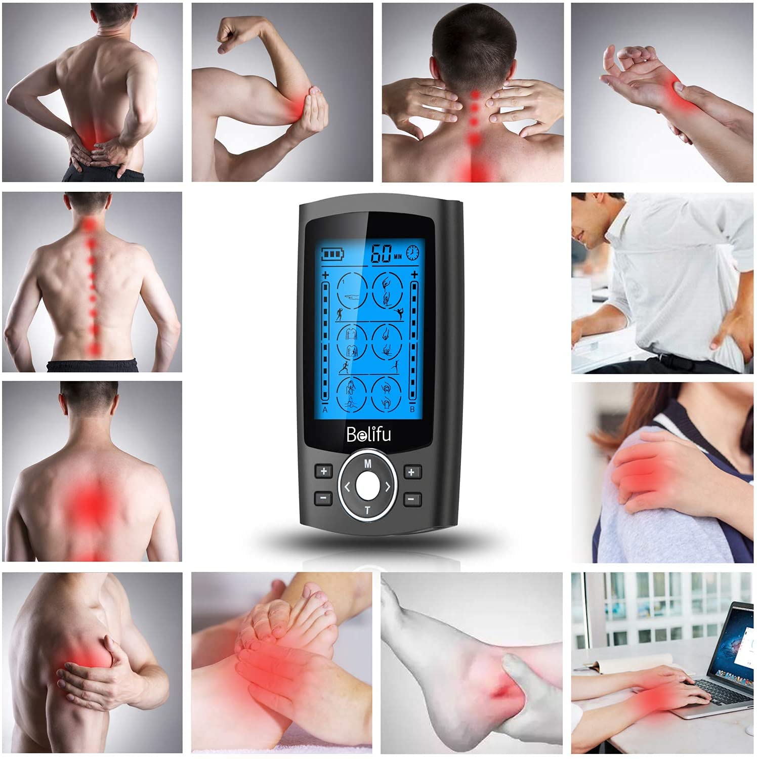 Belifu Dual Channel TENS EMS Unit 24 Modes Muscle Stimulator for Pain Relief Therapy, Electronic Pulse Massager Muscle Massager with 10 Pads, Dust-Proof Drawstring Storage Bag，Fastening Cable Ties 🍁 All In One Marketplace Canada