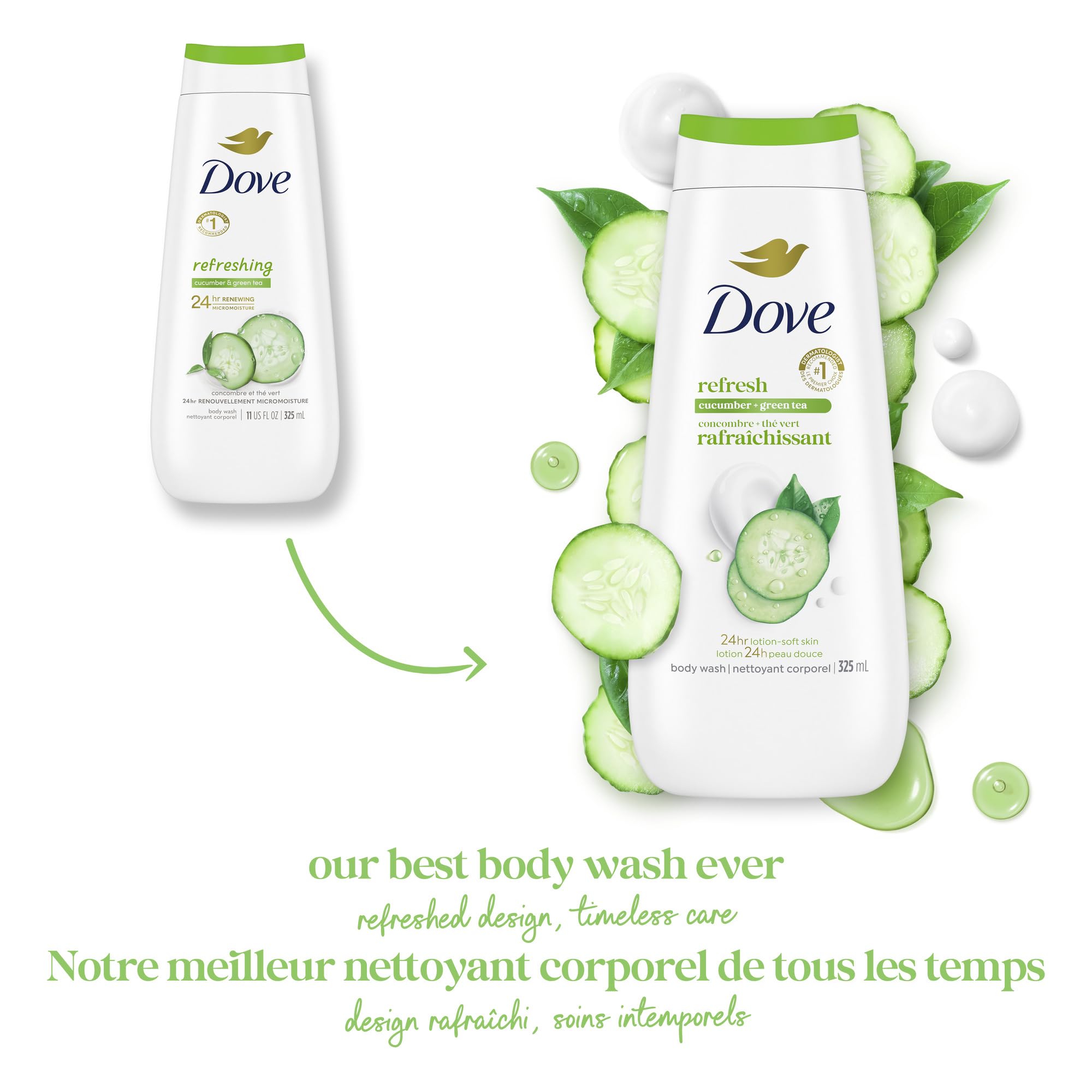 Dove Refresh Body Wash Cucumber & Green Tea 24H Freshness, 325mL, 4-Pack 🍁 All In One Marketplace Canada