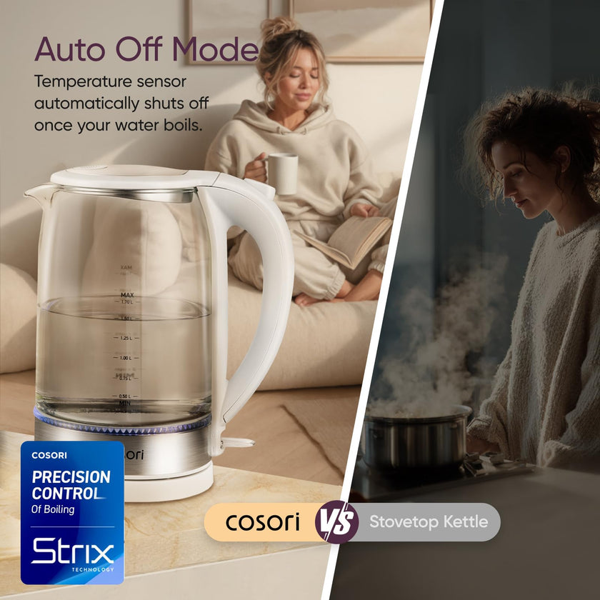 Cosori Glass Electric Kettle 1500W, Plastic-Free, 1.7L, Cordless, White 🍁 All In One Marketplace Canada
