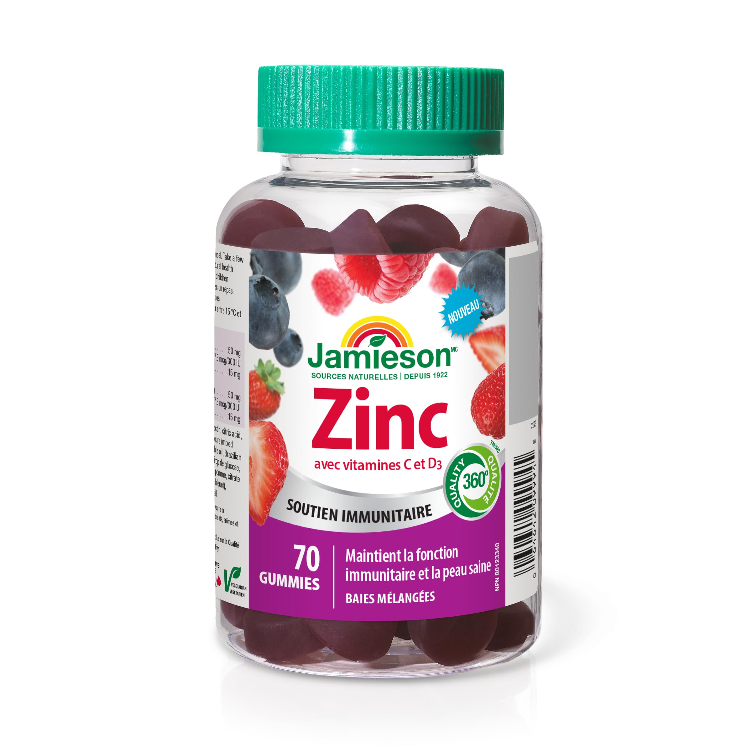Jamieson Zinc 15 mg, 70 Gummies, Mixed Berry Flavour. With 50 mg Vitamin C and 400 IU Vitamin D3, Supports Immune Health, Bone Health, Healthy Hair, Skin, Nails. Vegetarian 🍁 All In One Marketplace Canada