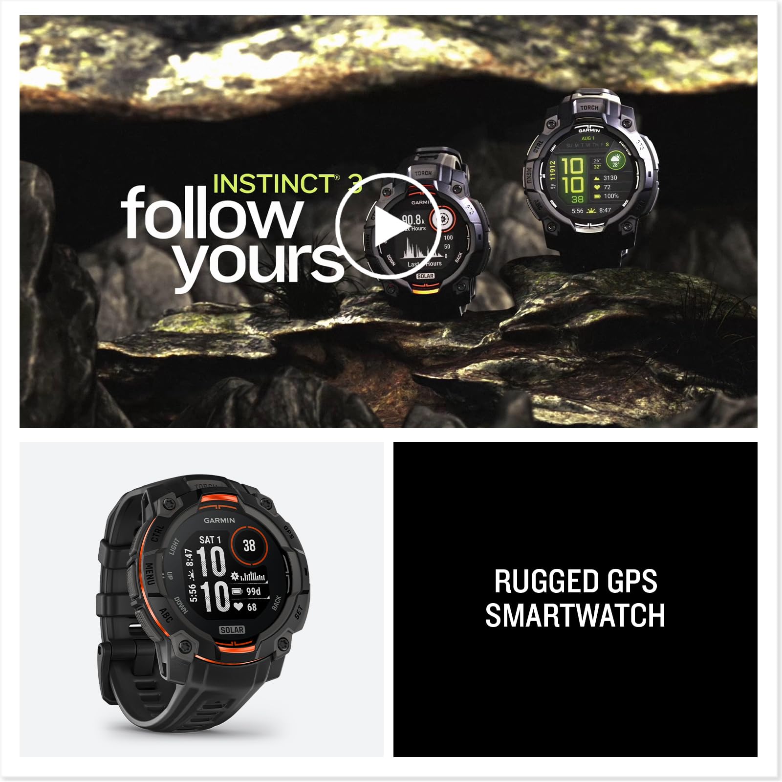 Garmin Instinct® 3 45mm, Solar Charged Display, Rugged Outdoor GPS Smartwatch, Metal-Reinforced Bezel, Built-in Flashlight, Black 🍁 All In One Marketplace Canada
