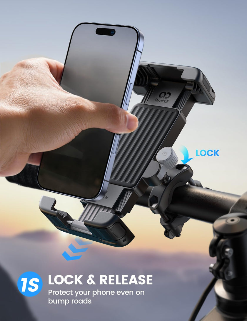 Lamicall Bike Motorcycle Phone Mount - [1s Quick Lock] Bike Phone Holder Clip, [Stable Handlebar Clamp] Bicycle Scooter Handlebar Clamp for iPhone 16 17 Pro Max Plus Air, S26 Ultra All Large 🍁 All In One Marketplace Canada
