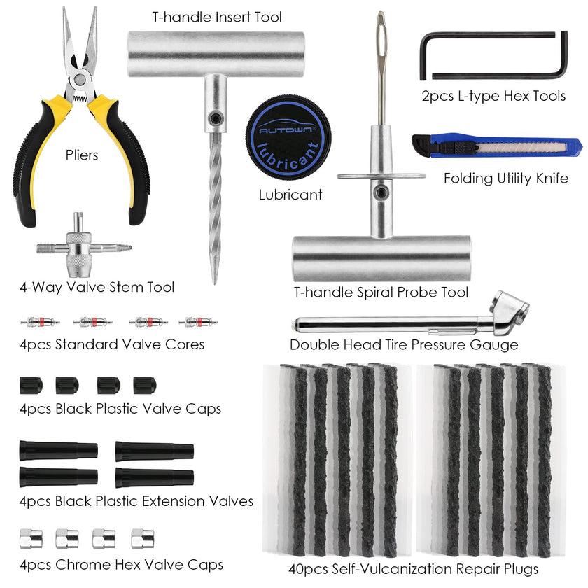 AUTOWN Tire Repair Kit - 68pcs Heavy Duty Tire Plug Kit, Universal Tire Repair Tools to Fix Punctures and Plug Flats Patch Kit for car Motorcycle, Truck, ARB，ATV, Tractor, RV, SUV, Trailer 🍁 All In One Marketplace Canada