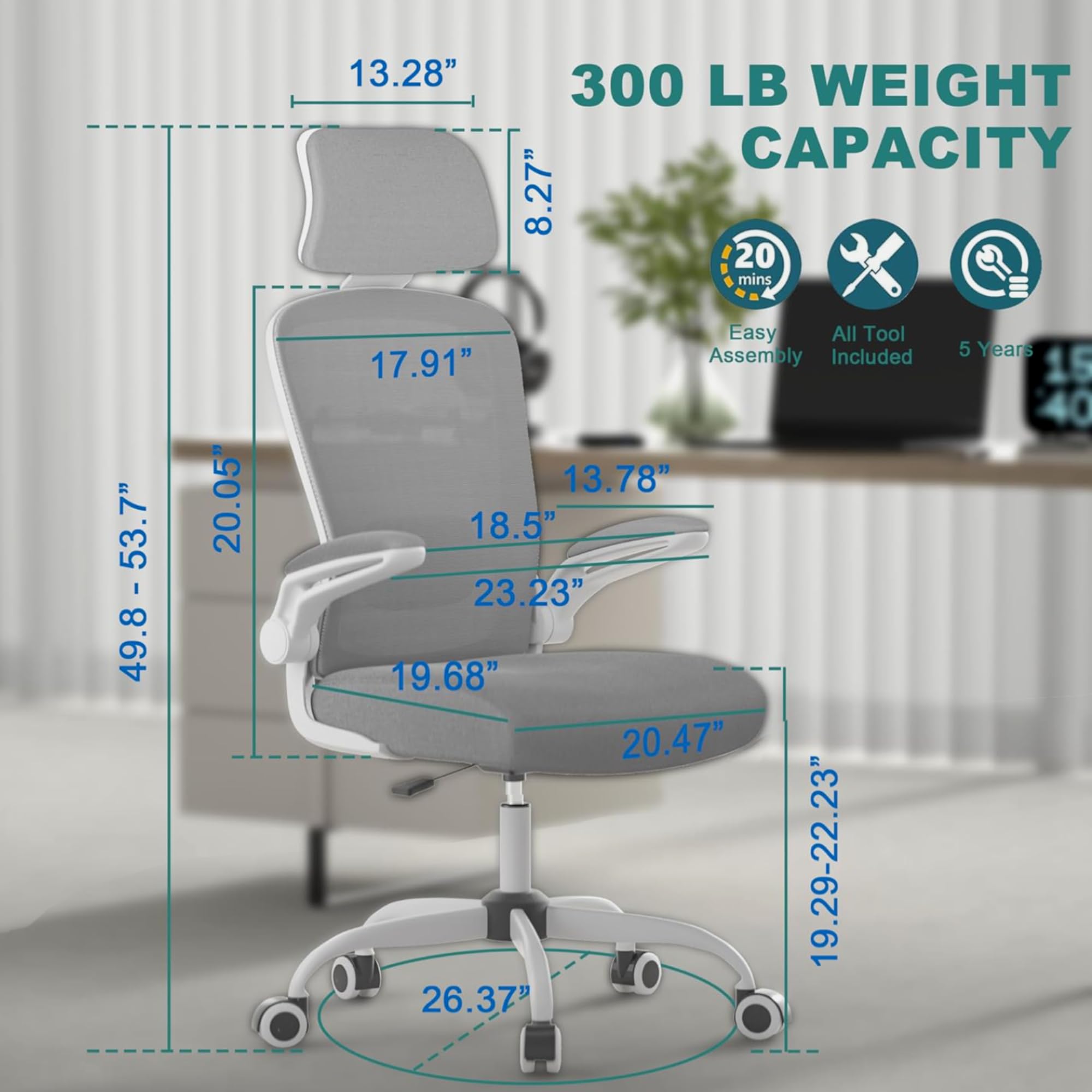 Mimoglad Office Chair, Comfy Desk Chair - High Back Ergonomic Computer Chair with Adjustable Lumbar Support & Headrest, Flip-up Armrests for Guitar Playing (Moon Grey) 🍁 All In One Marketplace Canada