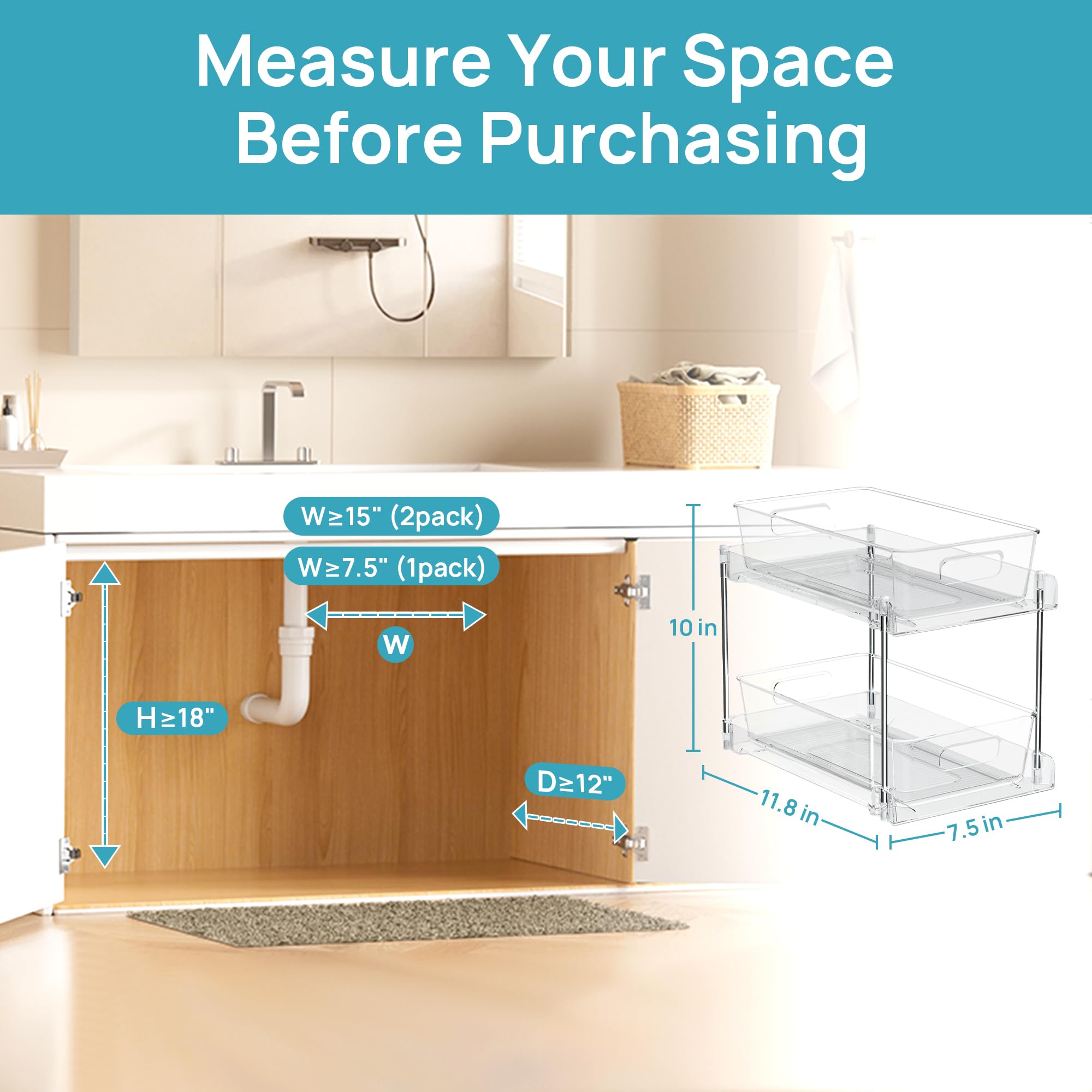 2 Tier Bathroom Storage Organizer, Vtopmart 4 Pack Clear Under Sink Organizers Vanity Counter Storage Container, Medicine Cabinet Drawers Bins, Pull-Out Organization with Track for Pantry, Kitchen 🍁 All In One Marketplace Canada