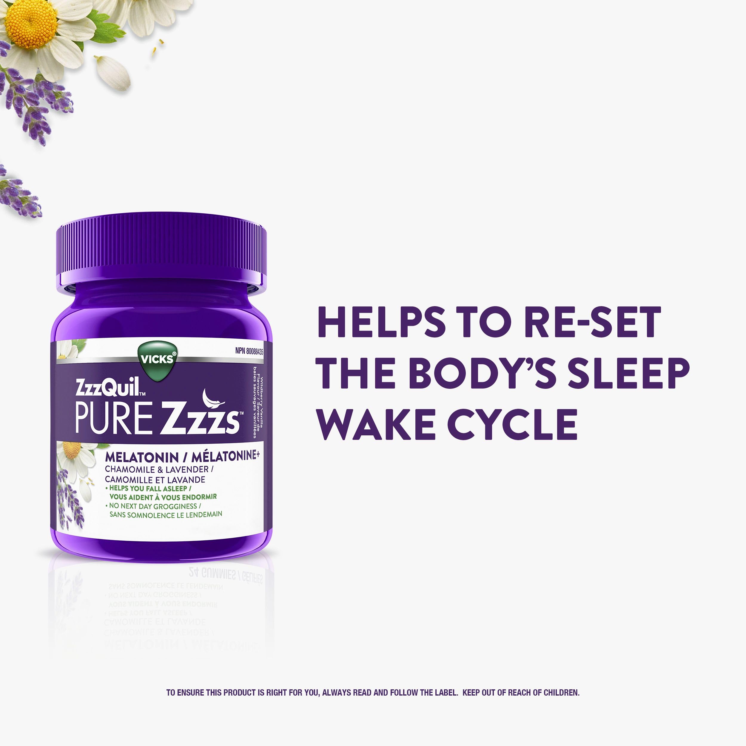 Vicks ZzzQuil PURE Zzzs Melatonin Sleep Aid Gummies with Chamomile, Lavender, & Valerian Root, 1mg per gummy, 48 Count 🍁 All In One Marketplace Canada