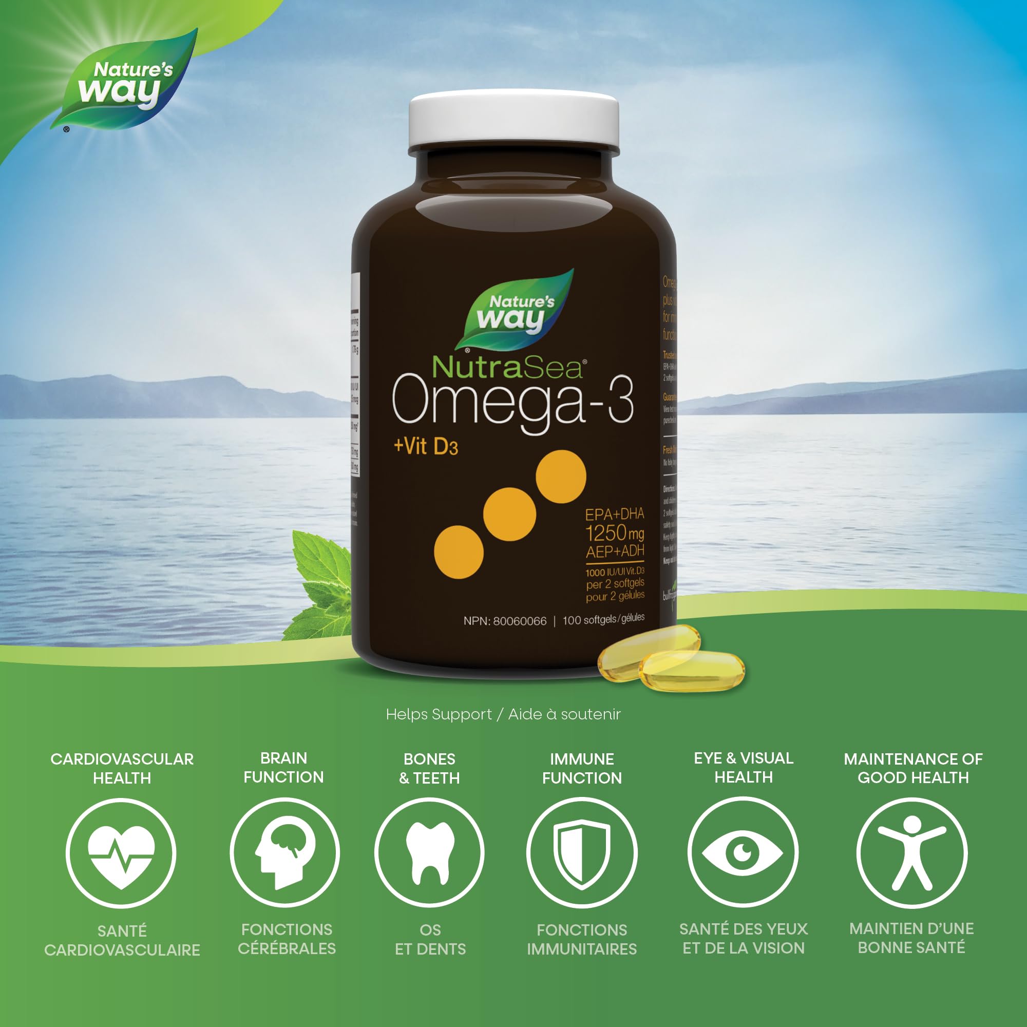 Nature's Way NutraSea Omega-3 and Vitamin D Soft Gels - Fish Oil Supplement with EPA and DHA – Helps Support the Maintenance of Good Health – Mint Flavour, 100 Softgels 🍁 All In One Marketplace Canada