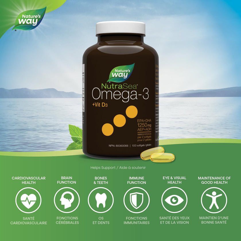 Nature's Way NutraSea Omega-3 and Vitamin D Soft Gels - Fish Oil Supplement with EPA and DHA – Helps Support the Maintenance of Good Health – Mint Flavour, 100 Softgels 🍁 All In One Marketplace Canada
