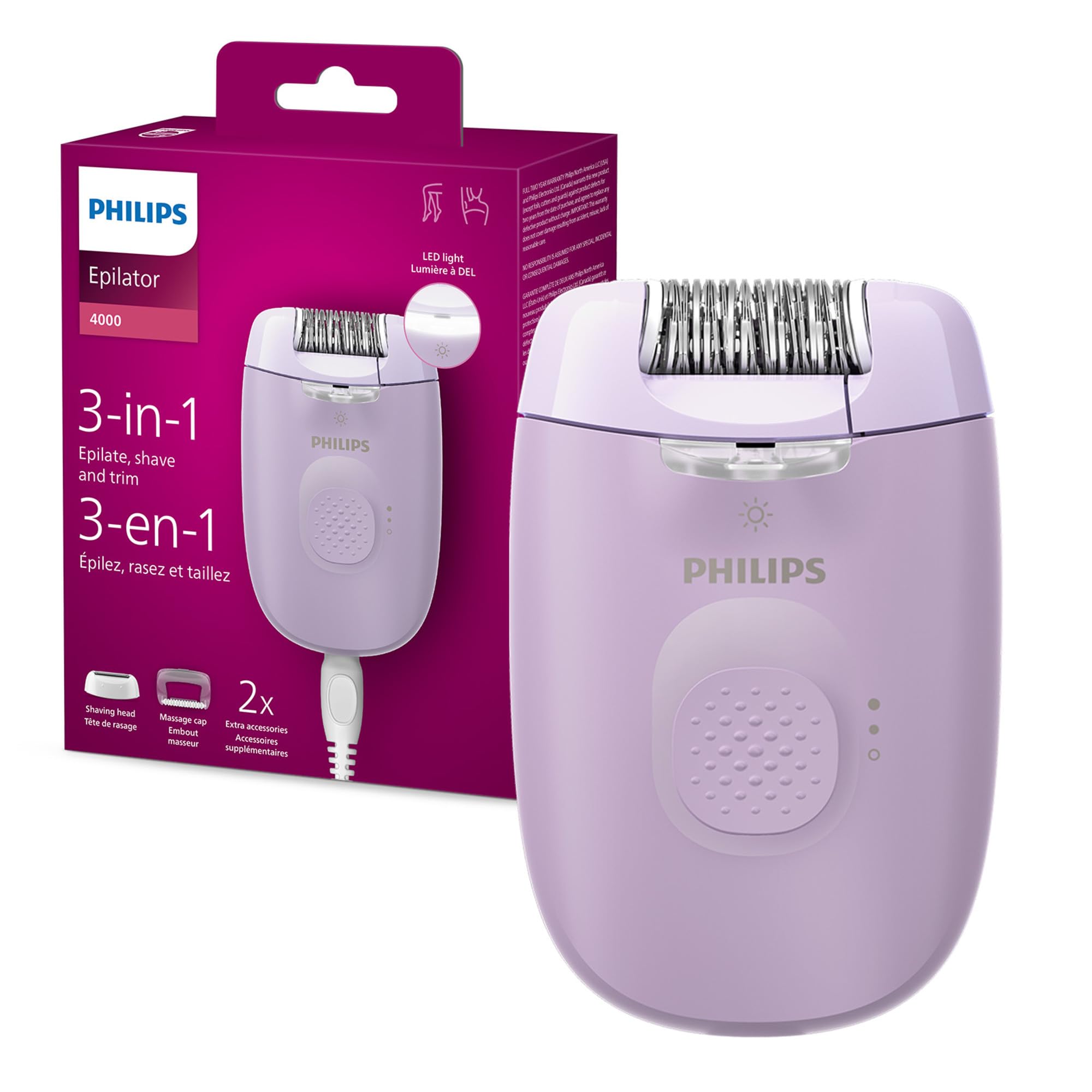 Philips Epilator Series 4000, 3-in-1 with Shaver and Trimming Attachments for Women, LED Light, 2 Speed Settings, 4 Accessories, BRE257/04 🍁 All In One Marketplace Canada
