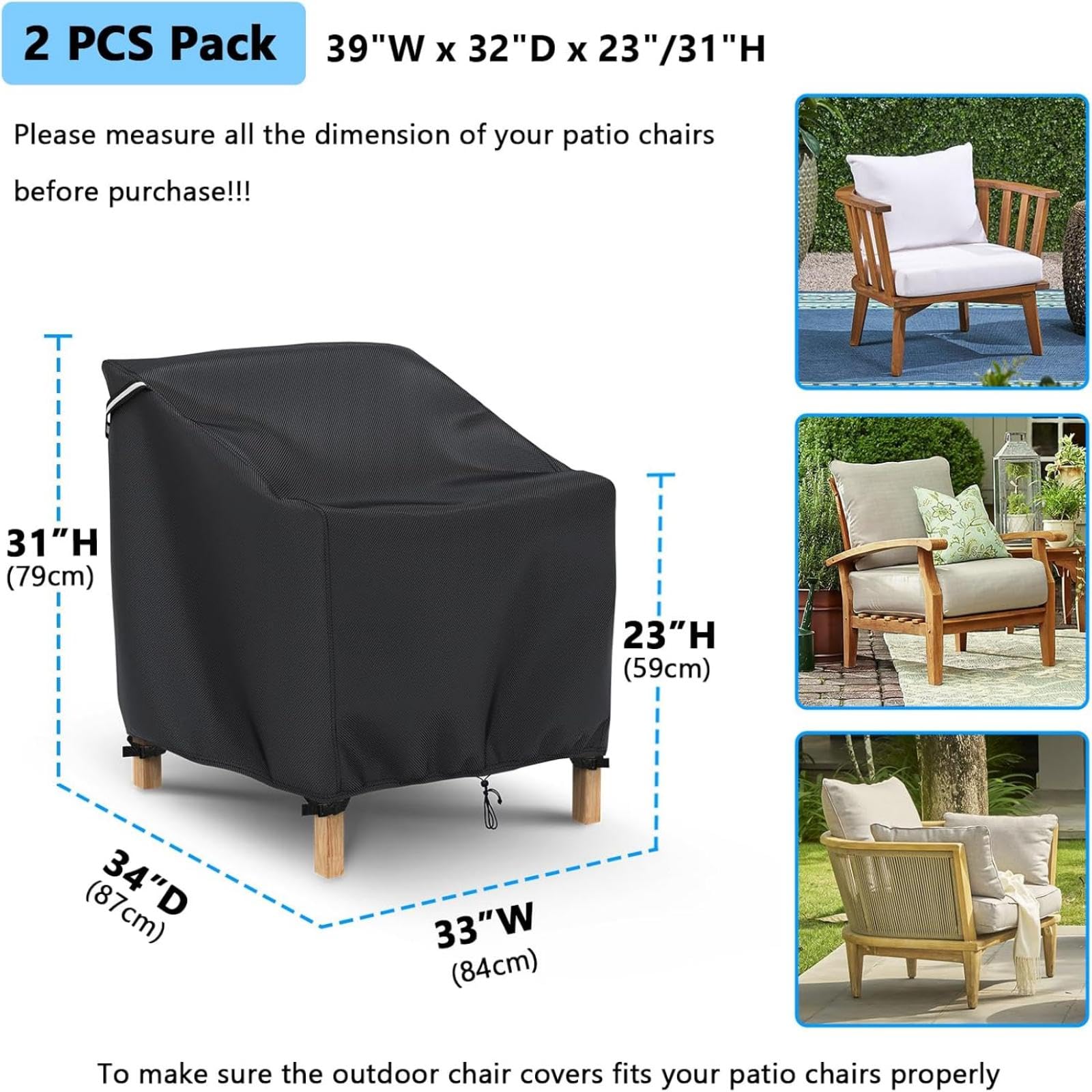 Gasadar Patio Chair Cover-2 Pack, Heavy Duty Waterproof UV Resistant Anti-Fading Chair Covers for Lawn Outdoor Furniture Chairs,33
