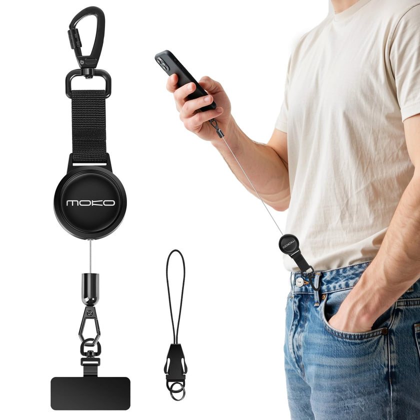 MoKo Anti-theft Phone Tether, Phone Lanyard Retractable Steel Line Cellphone Strap with Locking Carabiner and Metal 360° Tether Tab for Outdoor Skiing Hiking Climbing Fishing, Black 🍁 All In One Marketplace Canada