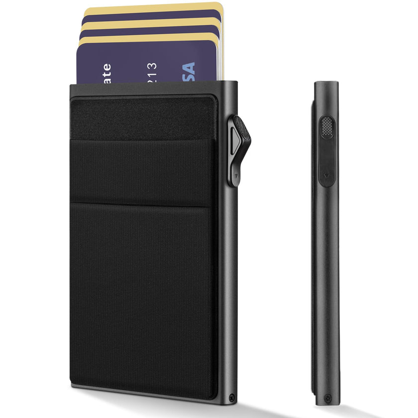 YESIIW Minimalist Pop up Card Holder Wallet for Men RFID Blocking | Slim Business Credit Card Wallet with Money Pocket | Aluminum Metal Bank Card Case for Notes and Coins and Debit Cards | Black 🍁 All In One Marketplace Canada