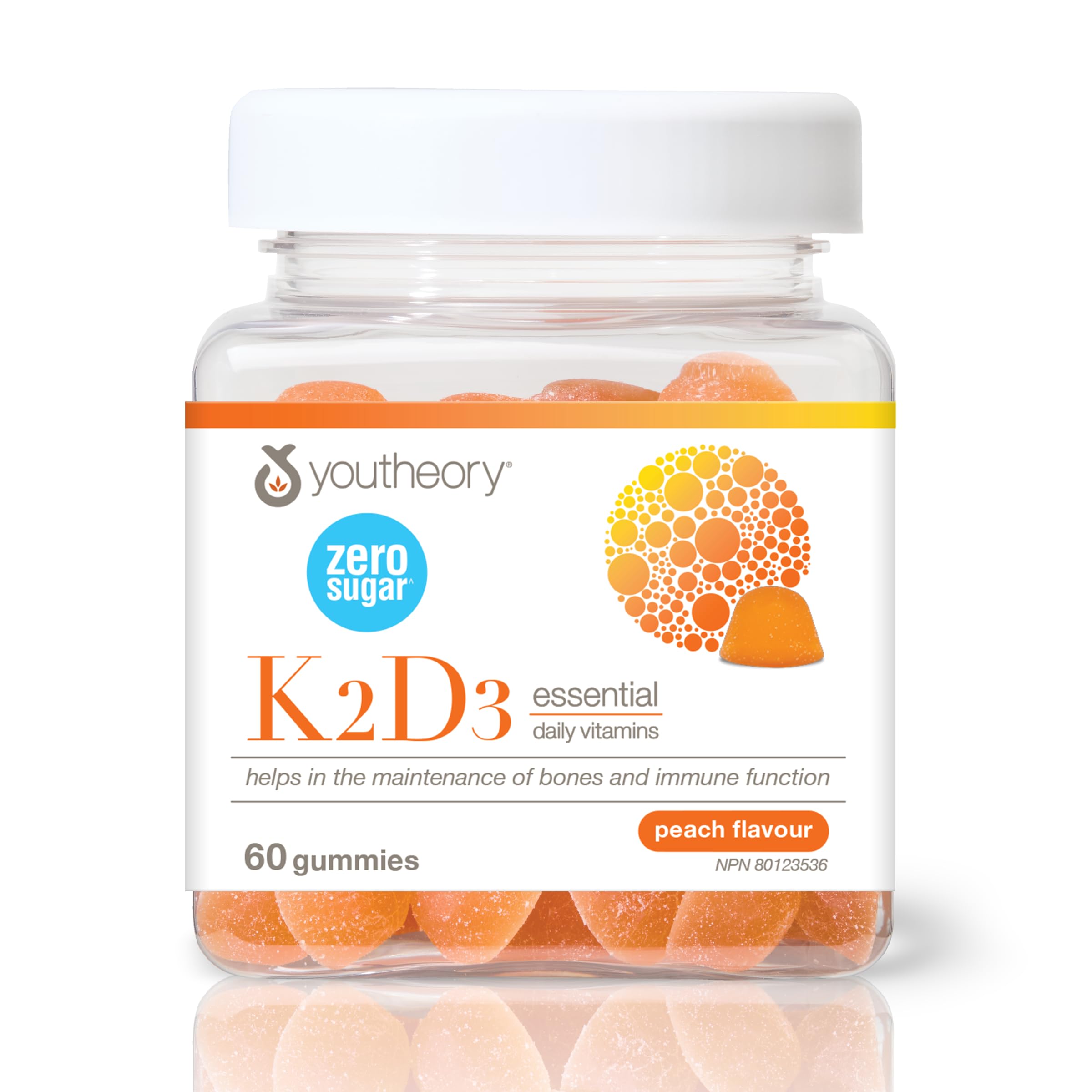 Youtheory K2D3 Zero Sugar Gummies, 1000 IU D3 & MK-7 100 mcg K2, Helps Develop & Maintain Bones & Teeth, Peach Flavour, Vegetarian, 60 Gummies 🍁 All In One Marketplace Canada