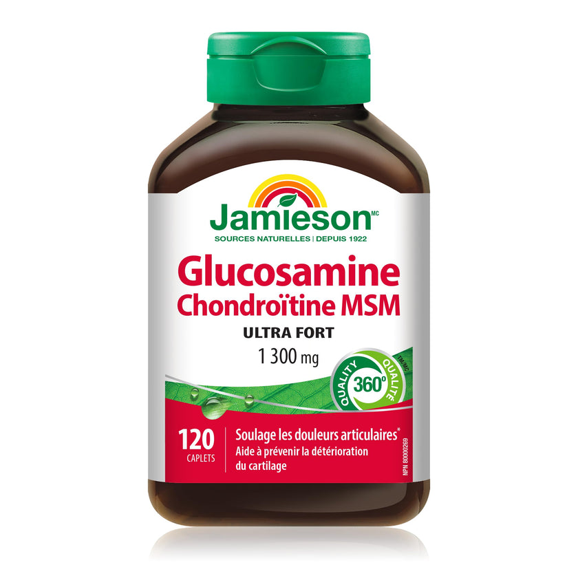 Jamieson Ultra Strength Glucosamine Chondroitin MSM 1300 mg, Provides Joint Pain Relief, Osteoarthritis Support, and Cartilage Deterioration Protection. Non-GMO, Gluten-Free, 120 Caplets, Proudly Canadian 🍁 All In One Marketplace Canada