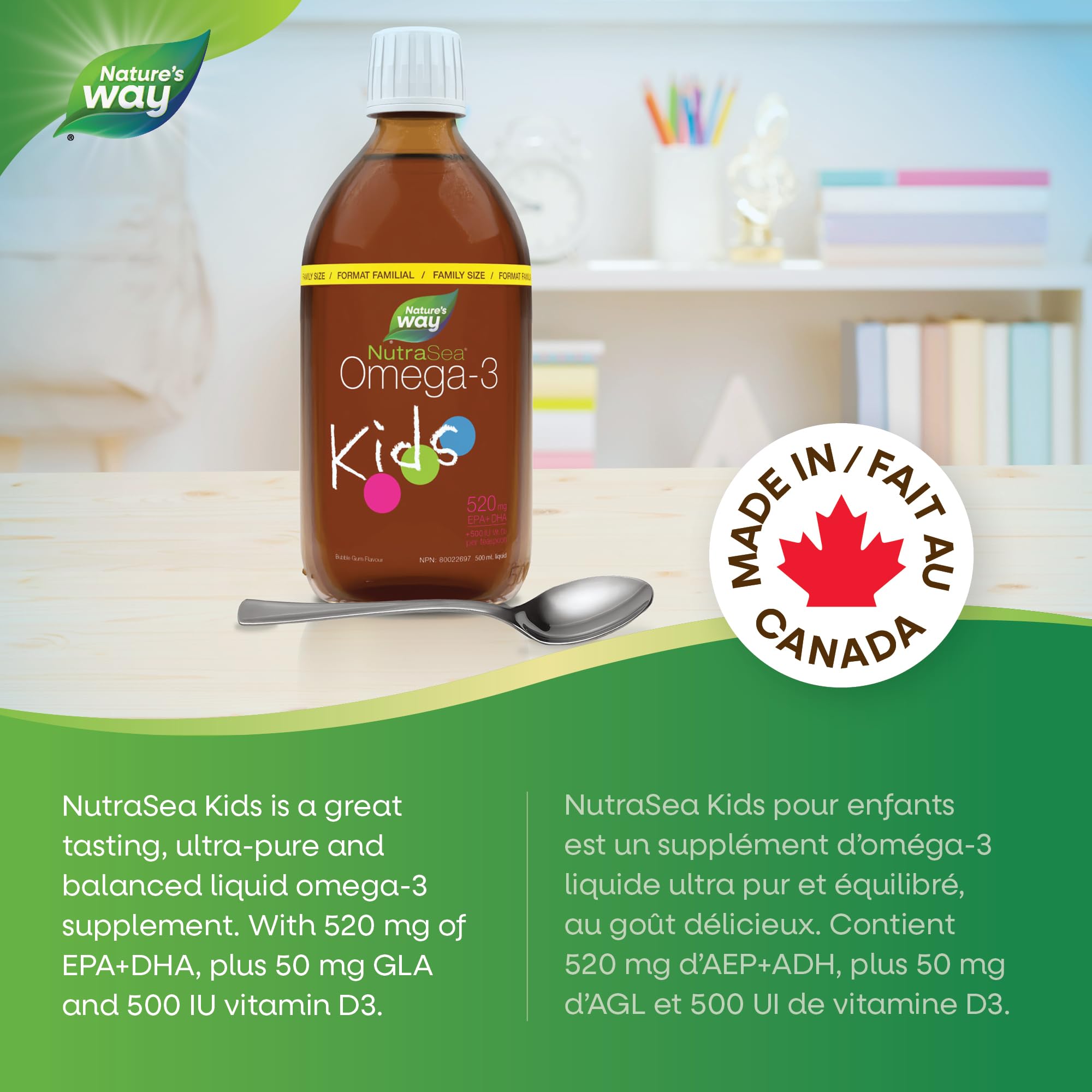 Nature's Way NutraSea Kids Omega 3 Fish Oil Liquid Supplement for Kids Ages 1 to 14 – Bubblegum Flavour – Brain & Eye Development – EPA & DHA, 500 mL Value Size 🍁 All In One Marketplace Canada
