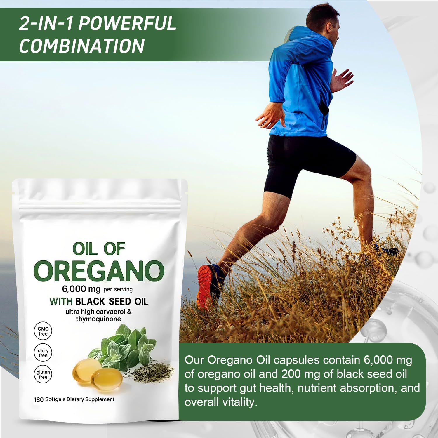 Oil of Oregano Softgels 6000mg Per Serving, 2 in 1 Formulated with Black Seed Oil 200mg, 4X Strength Carvacrol & Thymoquinone | Plant Based, Non-GMO & Immune Support (180 Count/1 Bag) 🍁 All In One Marketplace Canada