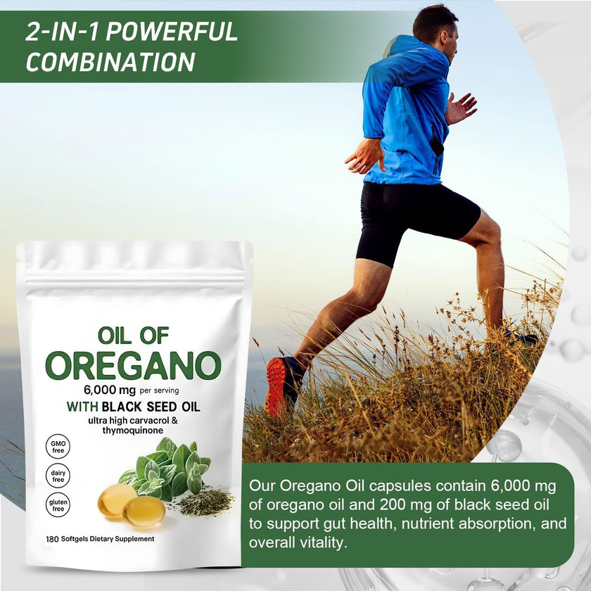Oil of Oregano Softgels 6000mg Per Serving, 2 in 1 Formulated with Black Seed Oil 200mg, 4X Strength Carvacrol & Thymoquinone | Plant Based, Non-GMO & Immune Support (180 Count/1 Bag) 🍁 All In One Marketplace Canada