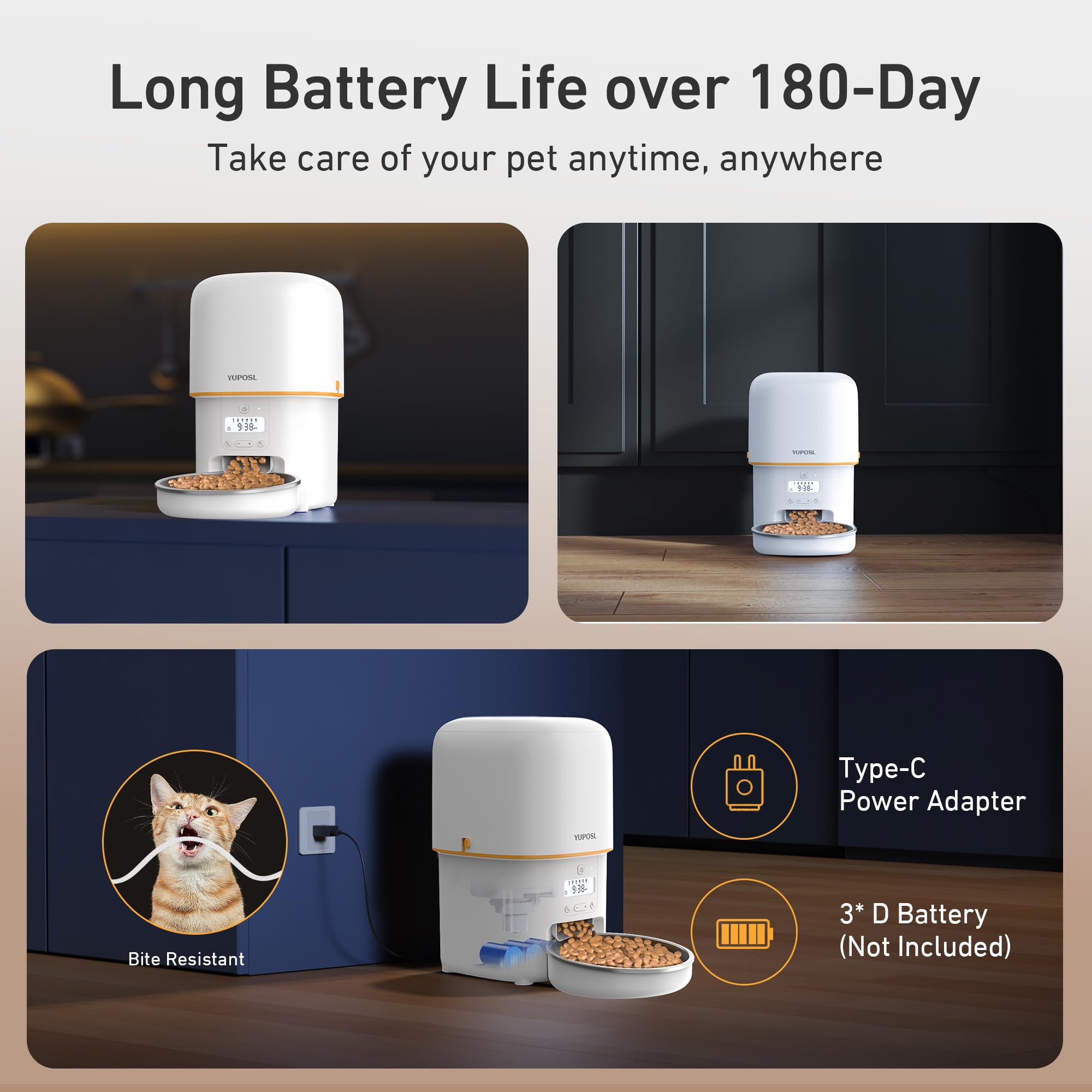 Yuposl Automatic Cat Feeder, 3L Cat Food Dispenser with Over 180-day Battery Life, Anti-Jam Design, 1-6 Meals Per Day with Stainless Steel Cat Bowl, Keep Cat Dry Food Fresh, Also for Small Dog 🍁 All In One Marketplace Canada