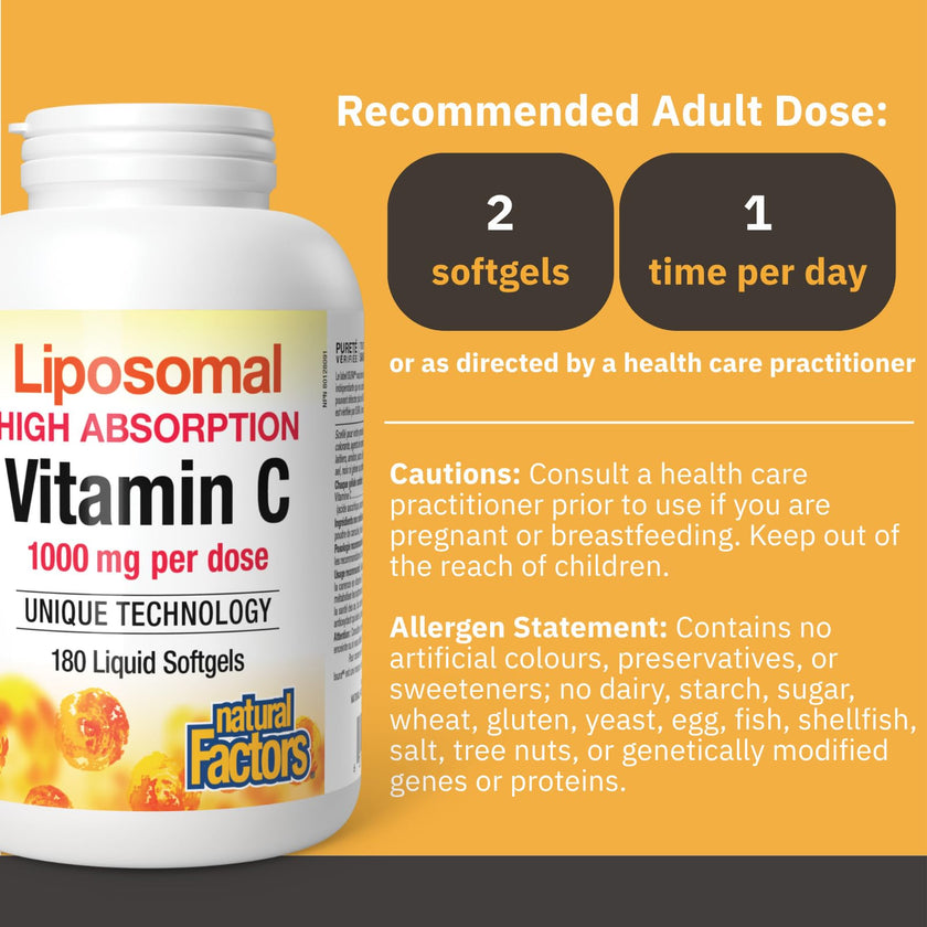 Natural Factors Liposomal Vitamin C, HIGH ABSORPTION, 180 Liquid Softgels, 1000 mg per Serving (2 Softgels), Immune Support, Antioxidants, Proudly Canadian 🍁 All In One Marketplace Canada
