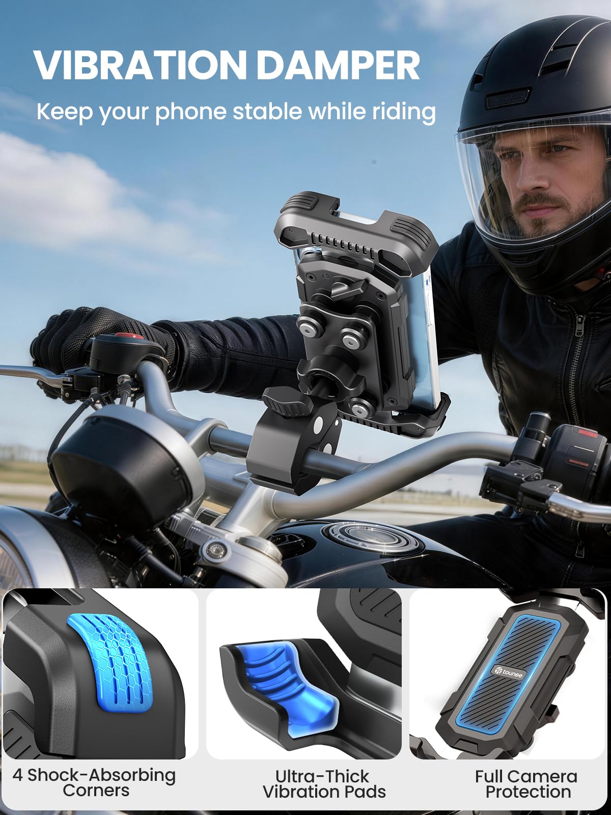 Tounee Bike Phone Mount Holder with Dual Vibration Dampener - Quick Release Handlebar Clip for Bicycle/Cycling, Upgraded Anti-Shock Design Fits iPhone 16/15/14 Pro Max & 4.7-6.7