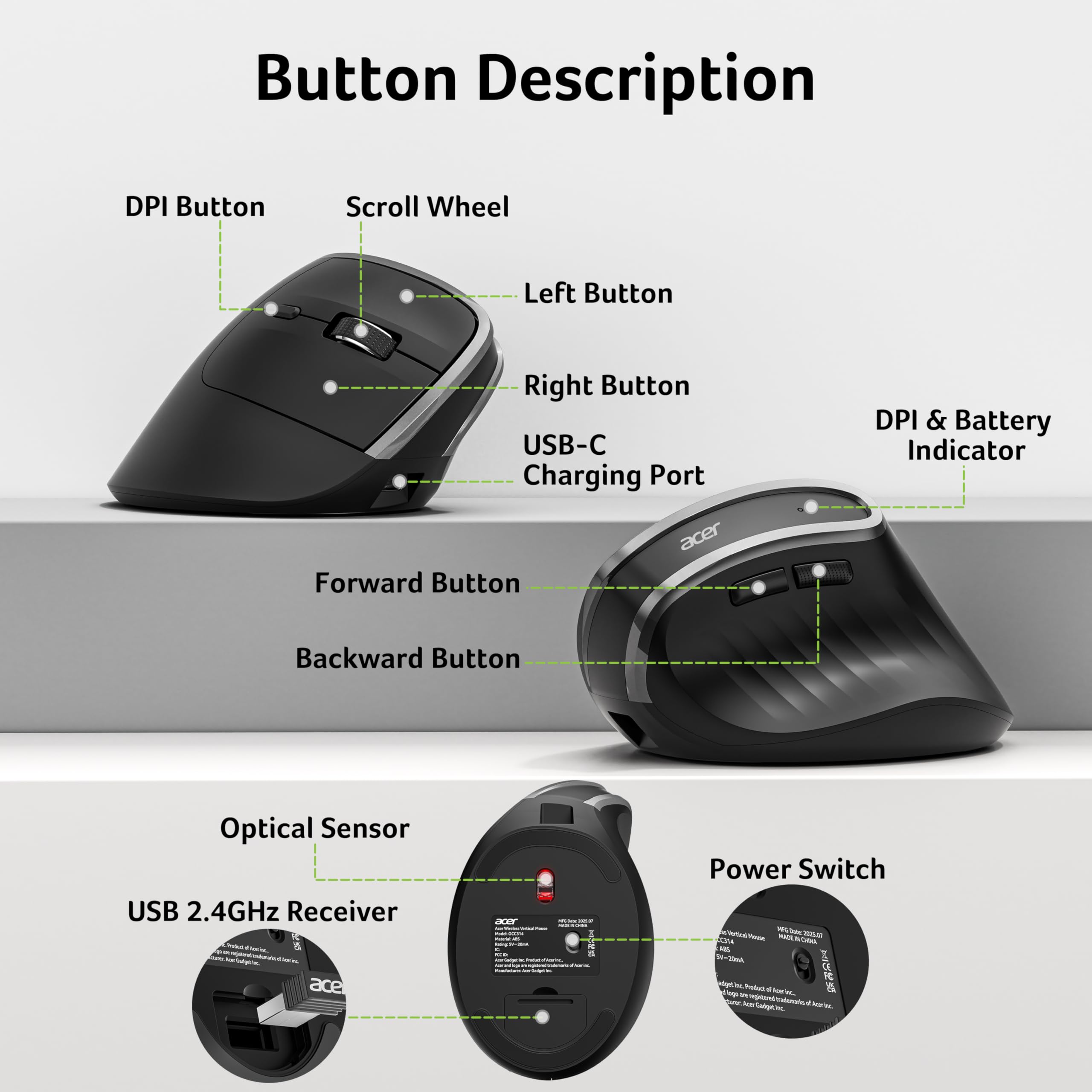 Acer Wireless Ergonomic Mouse, Rechargeable Vertical Mouse, 3 Adjustable DPI 1600/1200/1000, Ergo Mice, 2.4GHz Computer Mouse with 6 Buttons, 2.4GHz USB Receiver for Laptop, PC, Desktop 🍁 All In One Marketplace Canada