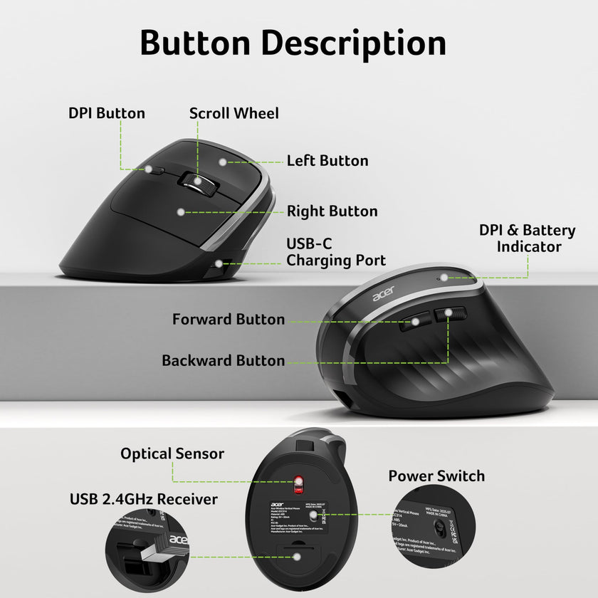 Acer Wireless Ergonomic Mouse, Rechargeable Vertical Mouse, 3 Adjustable DPI 1600/1200/1000, Ergo Mice, 2.4GHz Computer Mouse with 6 Buttons, 2.4GHz USB Receiver for Laptop, PC, Desktop 🍁 All In One Marketplace Canada