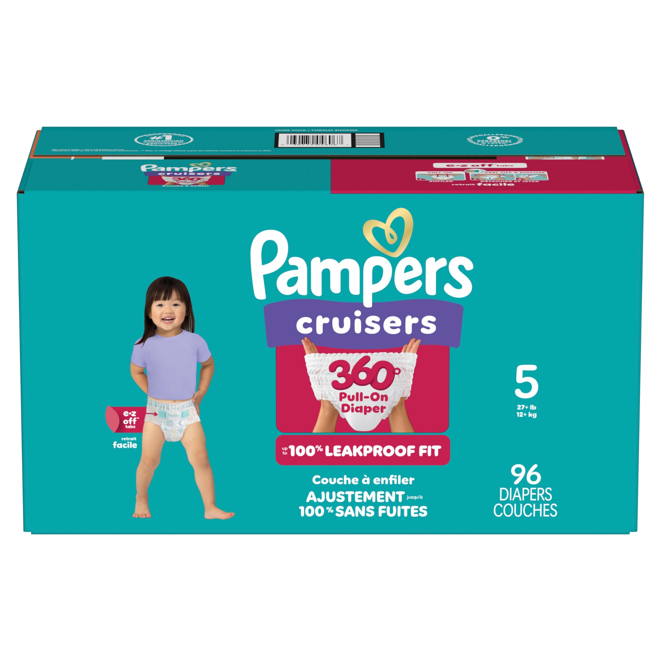 Pampers Diapers - Cruisers 360° - Size 5, up to 100% Leakproof Fit, Designed for Active Babies, Pull On Diaper, EZ Off Tabs Designed for Easy Changes, 1 Pack (Count of 96) 🍁 All In One Marketplace Canada