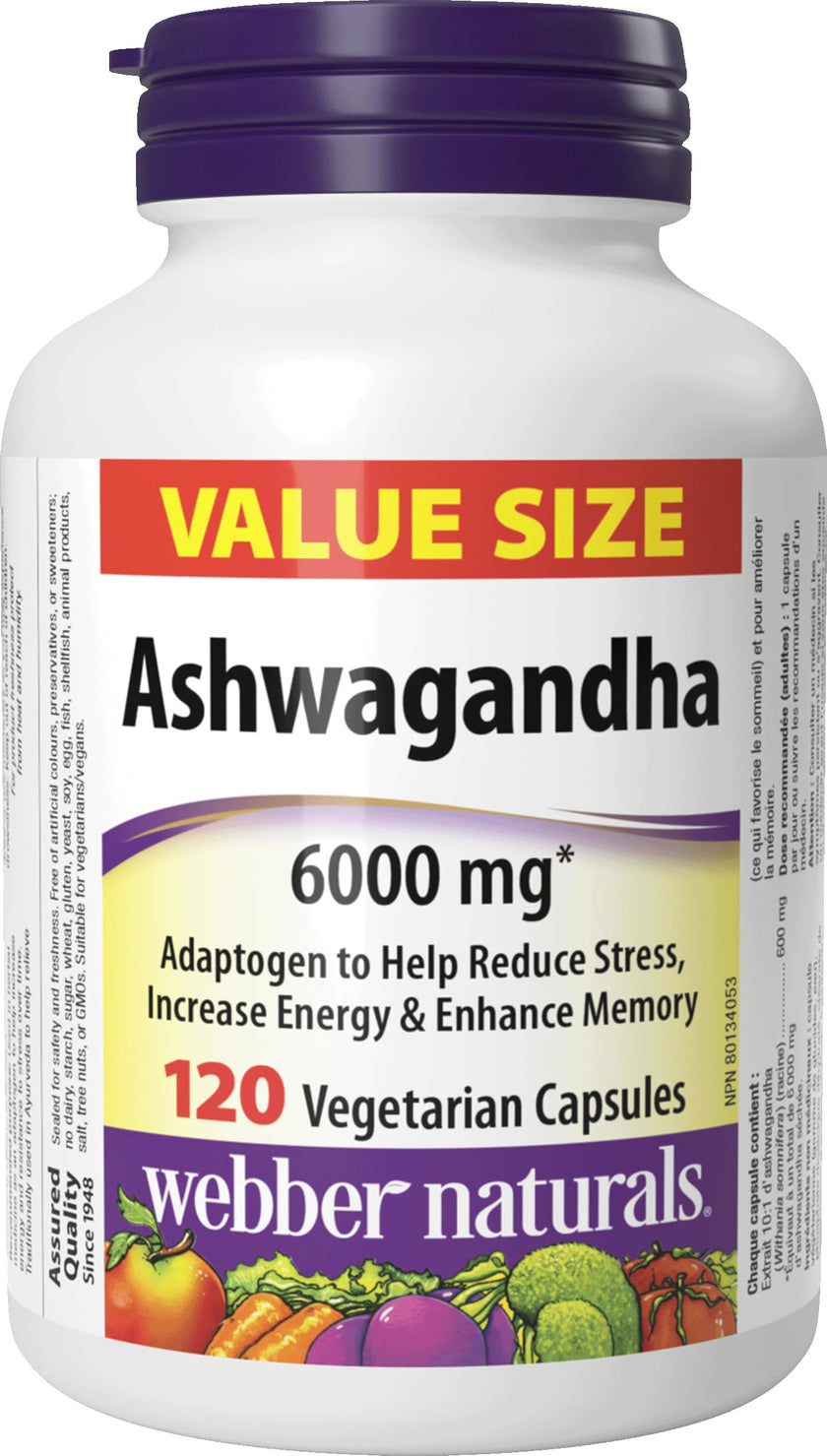 Webber Naturals Ashwagandha 6000 mg, 120 Capsules, Adaptogen to Help Reduce Stress & Increase Energy, Vegan 🍁 All In One Marketplace Canada