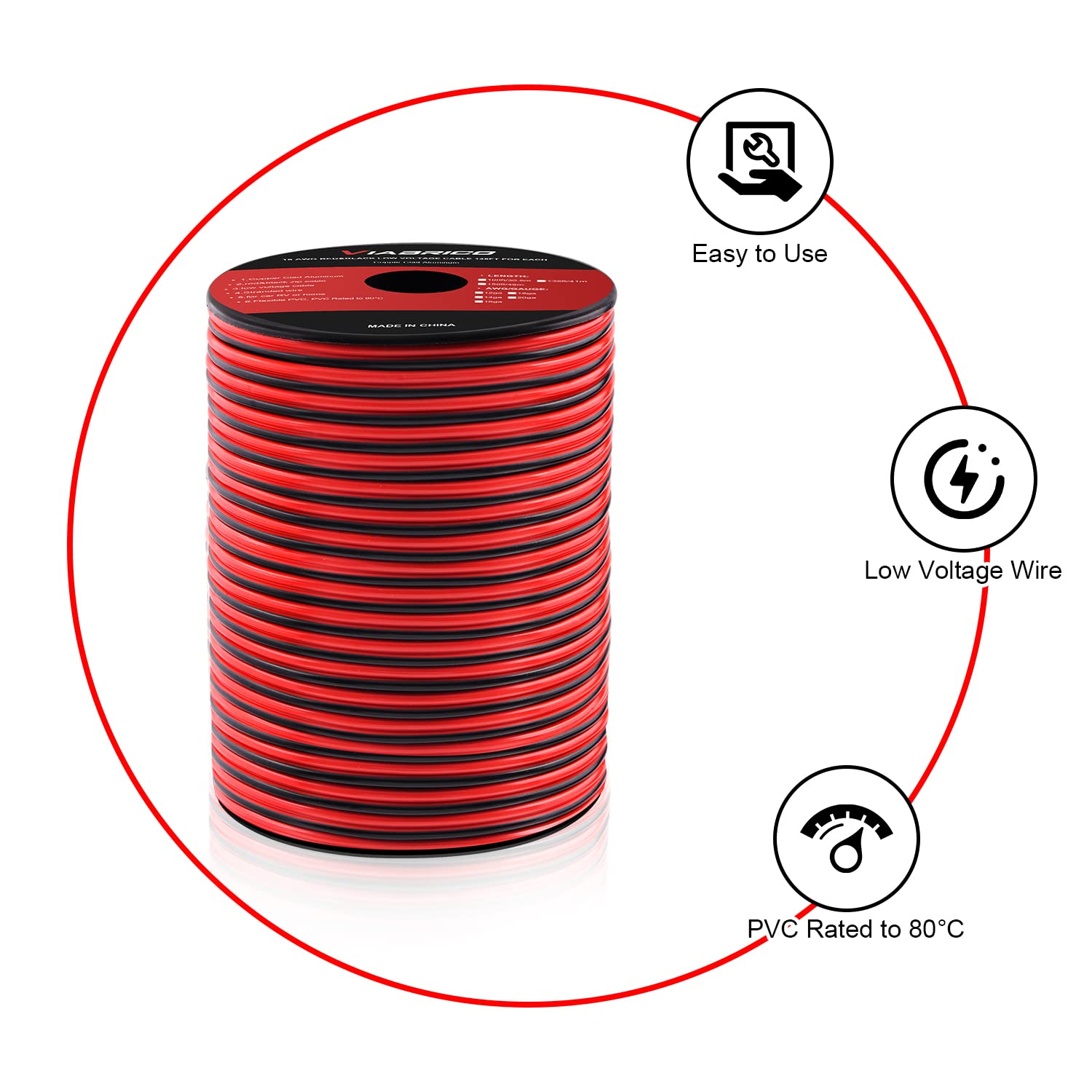 VIABRICO 14AWG 100FT Electrical Wire Cable 2 Conductors Red Black Cable Hookup LED Lighting Strips Flexible Wire Extension Cord 14 Gauge Copper Clad Aluminum Copper Wire 12V/24V DC Cable 🍁 All In One Marketplace Canada