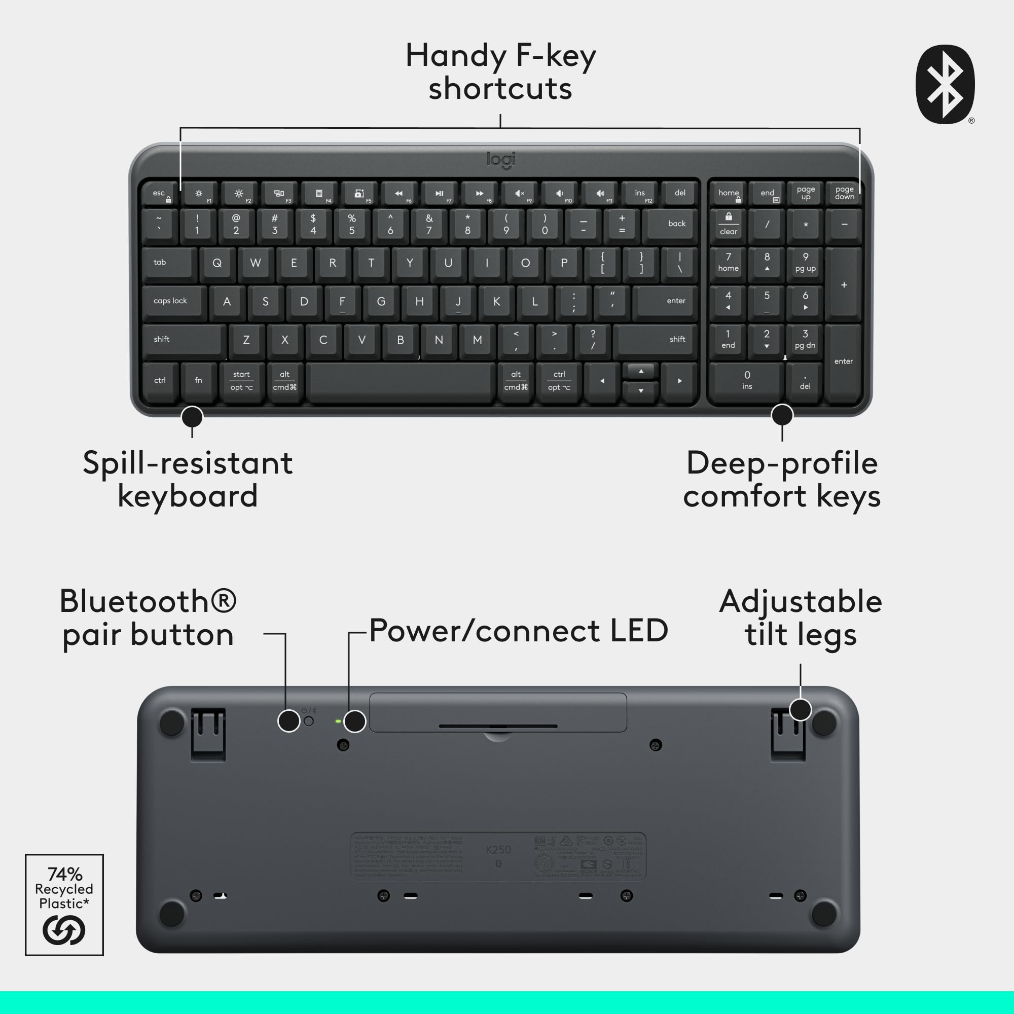 Logitech K250 Bluetooth Keyboard with Numpad, Easy Connectivity, Compact Wireless Keyboard Made with Recycled Plastic, Spill-Resistant, Comfortable Keys - Windows/MacOS - Graphite 🍁 All In One Marketplace Canada