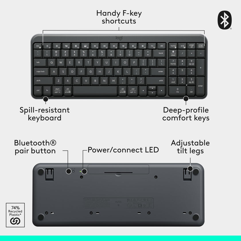 Logitech K250 Bluetooth Keyboard with Numpad, Easy Connectivity, Compact Wireless Keyboard Made with Recycled Plastic, Spill-Resistant, Comfortable Keys - Windows/MacOS - Graphite 🍁 All In One Marketplace Canada