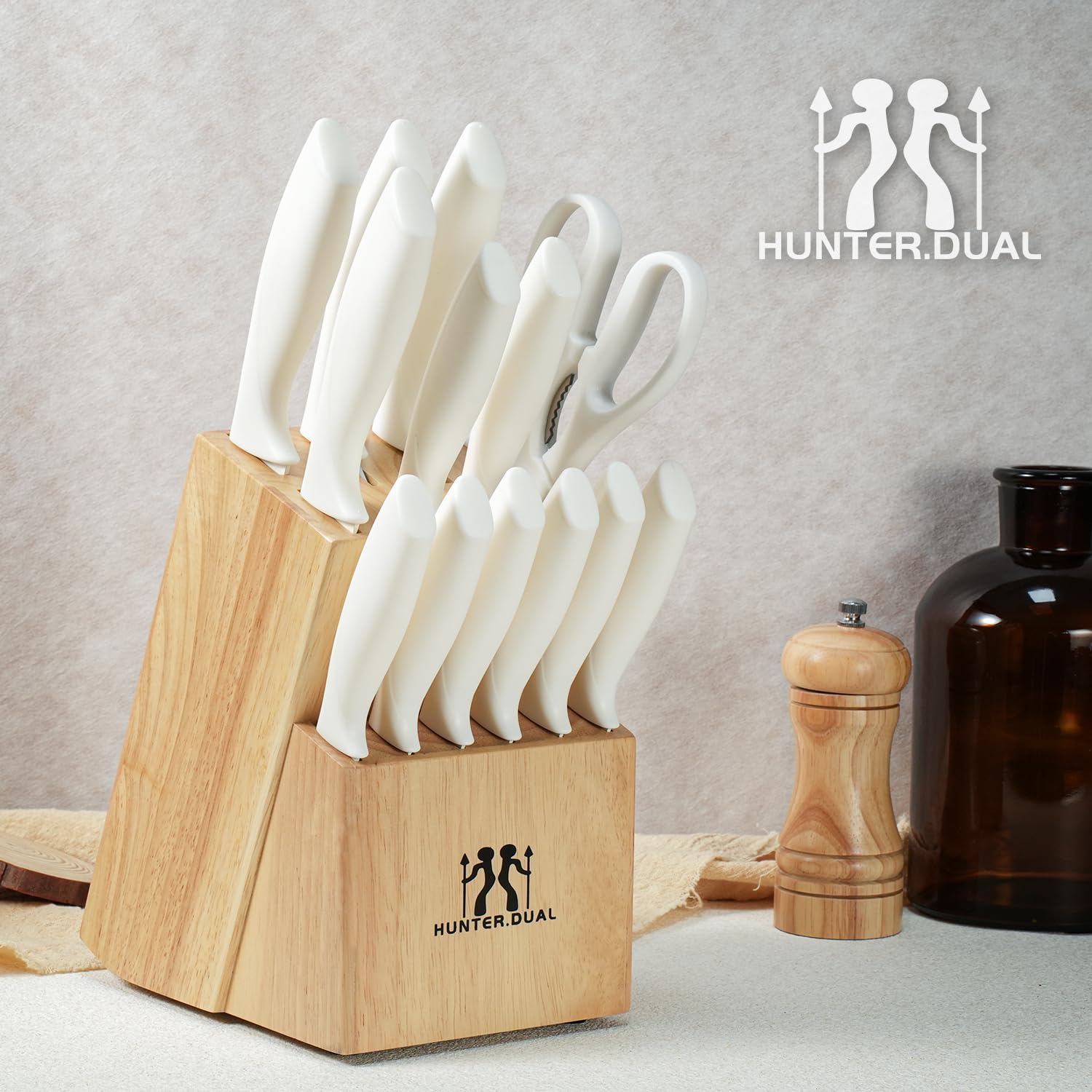 HUNTER.DUAL Knife Set, Dishwasher Safe Kitchen Knife Set with Block, 15 Pcs Cream Kitchen Knife Sets with Block Self Sharpening, 6 Steak Knives (Cream) 🍁 All In One Marketplace Canada