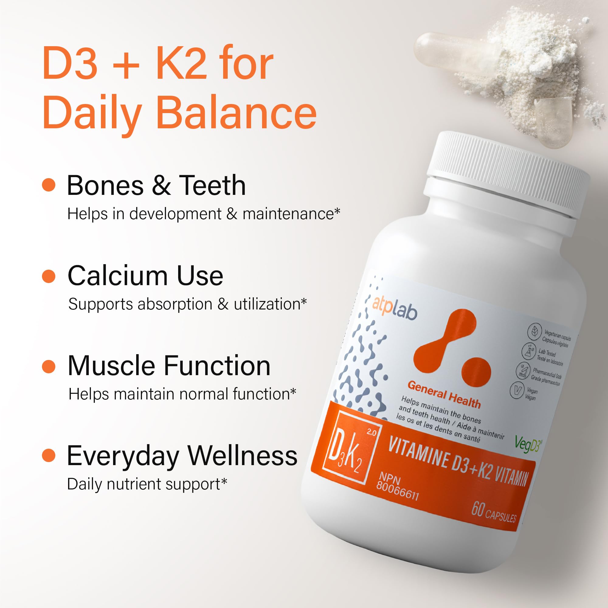 ATP LAB Vitamin D3K2 Supplement - 60 Vegetarian Capsules - 60 Day Supply - Plant-Based K2 MK-7 60 mcg & D3 1000 IU - Supports Bone & Teeth Health 🍁 All In One Marketplace Canada