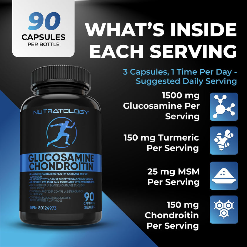Nutratology® Glucosamine Joint Supplement with Chondroitin, MSM & Turmeric | Canadian-Made | Joint Pain Relief Supplements - 1500MG Glucosamine - Supports Healthy Joints & Cartilage - 90 Capsules 🍁 All In One Marketplace Canada