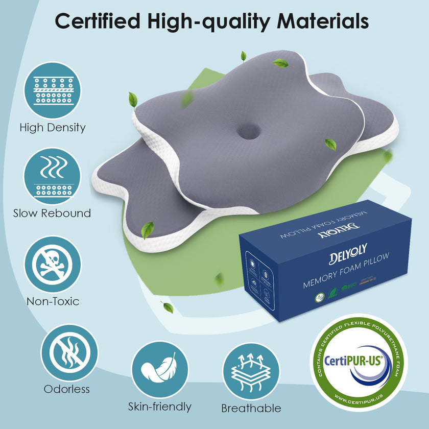 Delyoly Cervical Neck Pillow for Sleeping - Memory Foam Contour Pillow for Neck Pain Relief, Ergonomic Support for Side and Back Sleepers, Orthopedic Pillow with Breathable Ice Silk Cover（Gray） 🍁 All In One Marketplace Canada