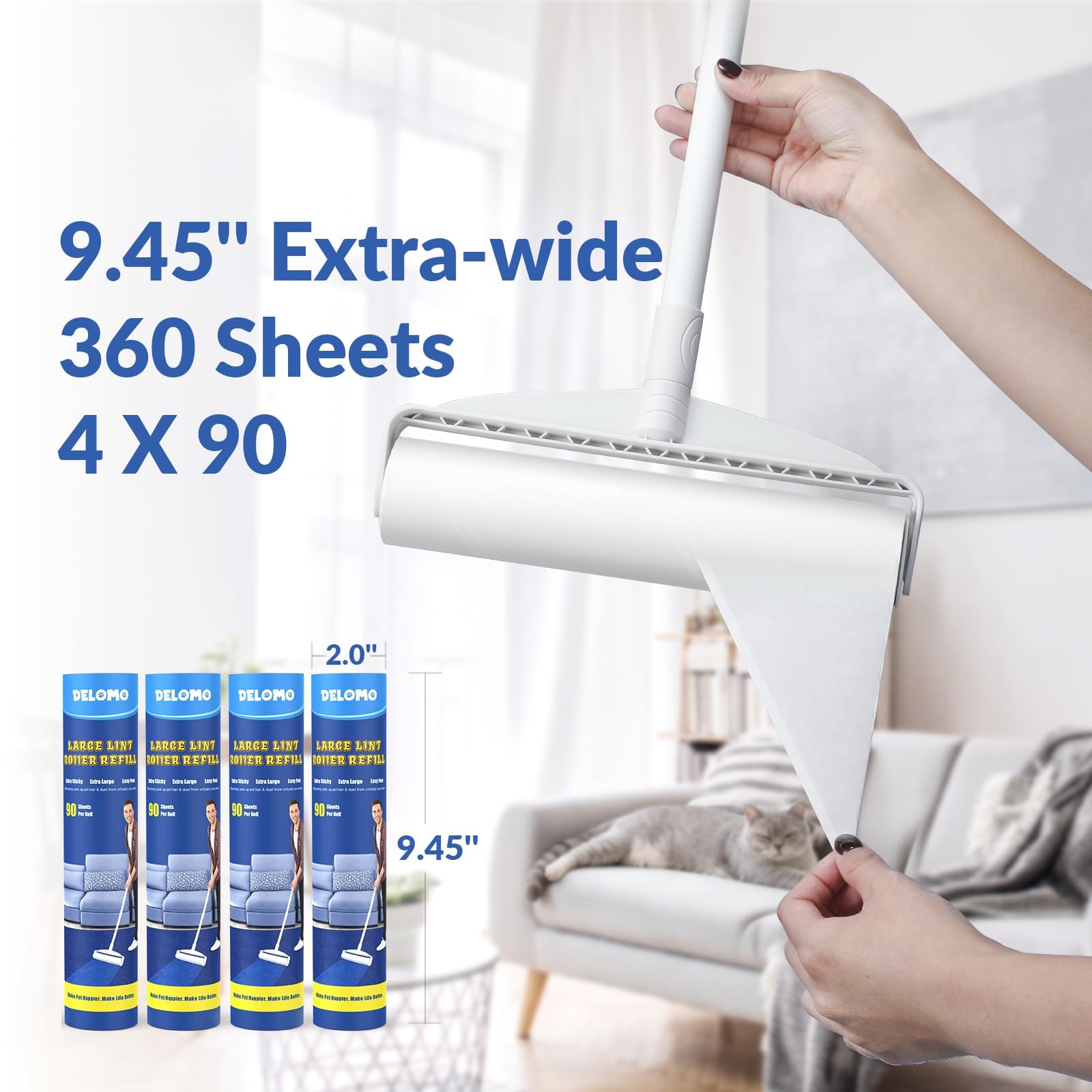 Large Lint Rollers for Carpet, Sticky Rollers for Floor DELOMO 9.45 in with 3 Extendable Handle, Long Handle Sticky Mop for Cleaning Carpets, Cars, Bedding, and Pet Hair, Ideal Gift for Pet Owners 🍁 All In One Marketplace Canada