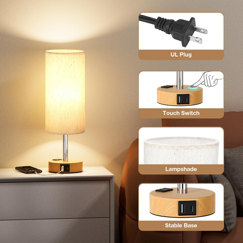 Table Lamp for Bedroom Set of 2 - Touch 3 Way Dimmable Bedside Lamps with USB C and A Ports, Night Lamp for Nightstand with AC Outlet, Desk Lamps for Living Room, Reading Room, Kids Room, Office 🍁 All In One Marketplace Canada