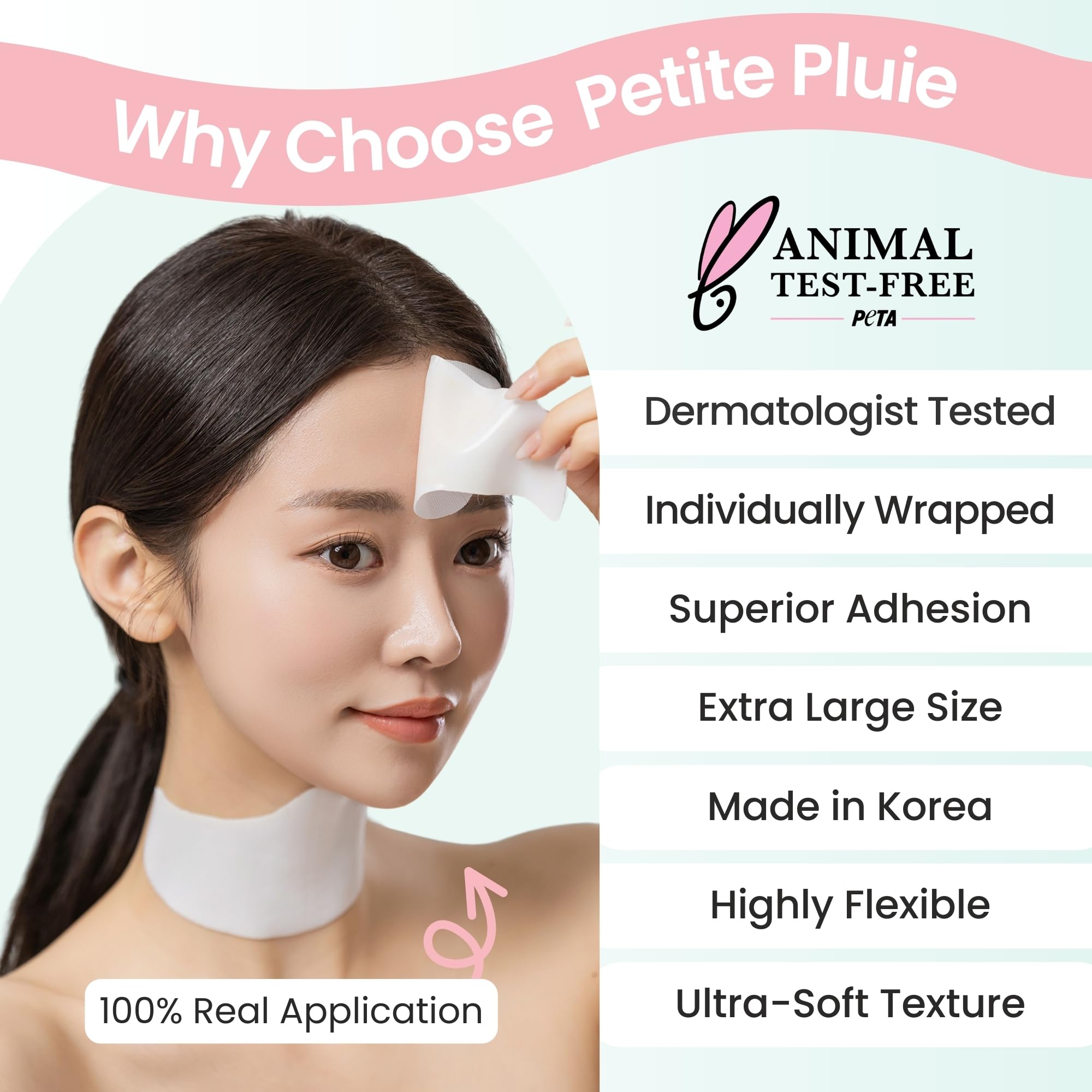 Petite Pluie Overnight Use Advanced Canadian Forehead Smoothing Patches - Premium Hydrogel Non-Sticky Hydration Collagen Face Mask - Superior Adhesion with Extra Large Size for Necklines & Frown Lines Treatment, Made in Korea, 10 Count