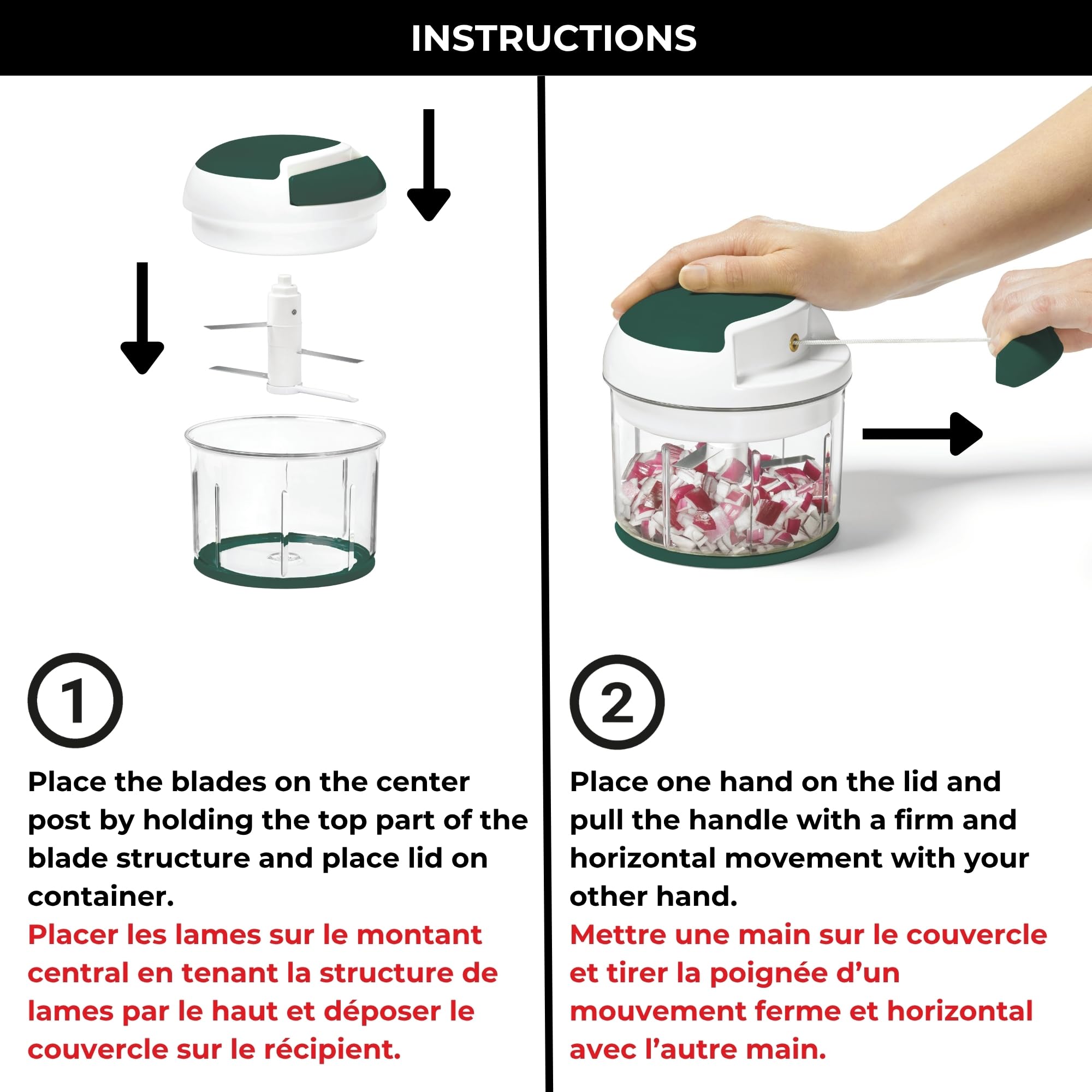 Starfrit Pull Chopper, Multi Purpose Manual Food Processor, 3 Blade System for a Faster Cut, From Large Chunks to Purée, Self-Retracting Cord, Fruits, Vegetables, Meats and Crushes Ice 🍁 All In One Marketplace Canada